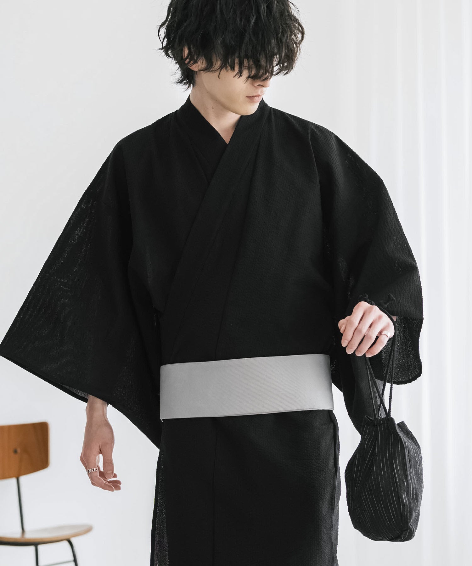 しじら織りワンタッチ帯付きメンズ浴衣2点セット 15479