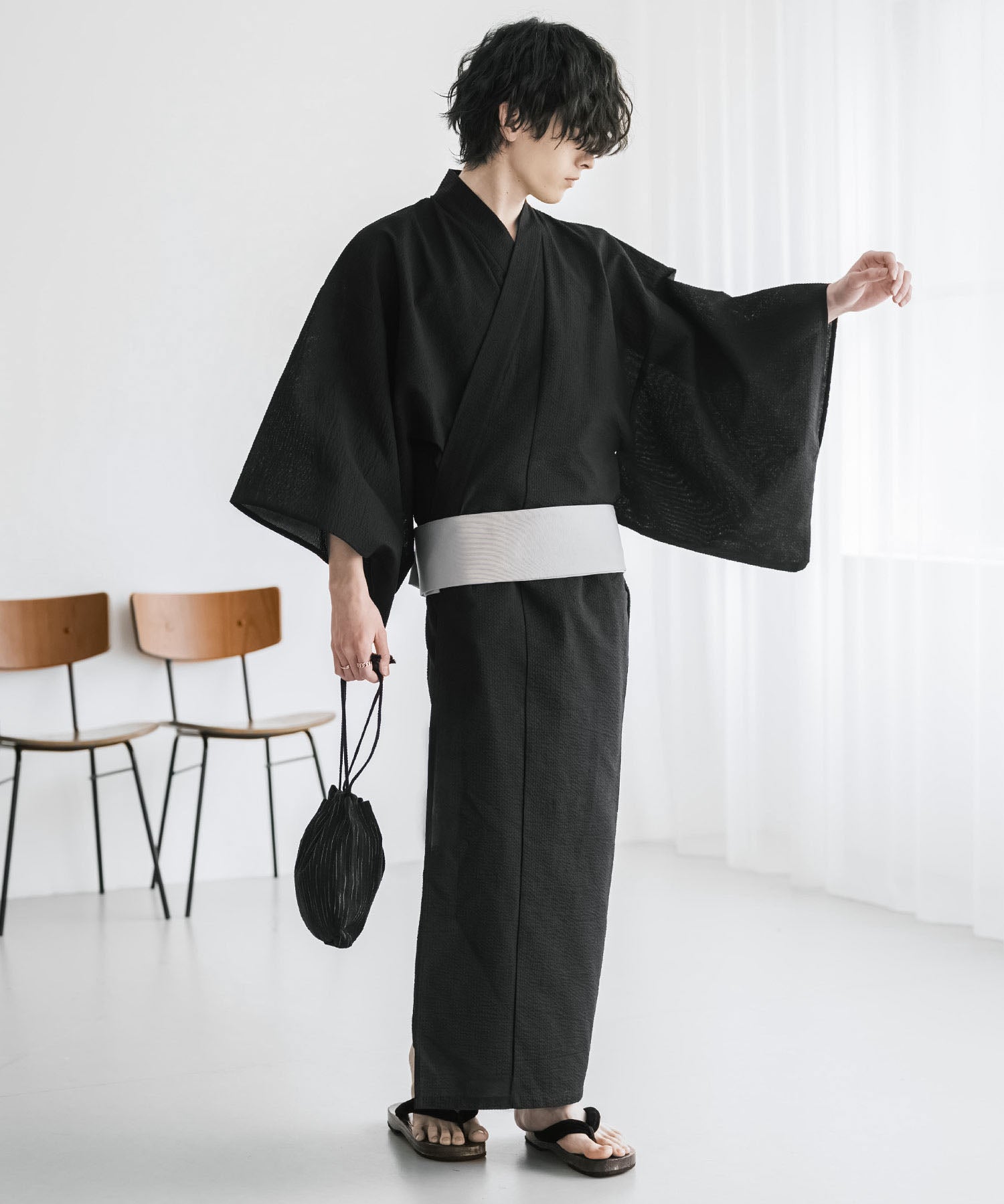 しじら織りワンタッチ帯付きメンズ浴衣2点セット 15479