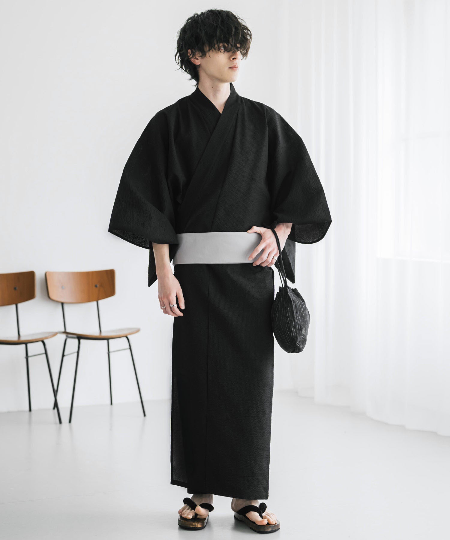 しじら織りワンタッチ帯付きメンズ浴衣2点セット 15479