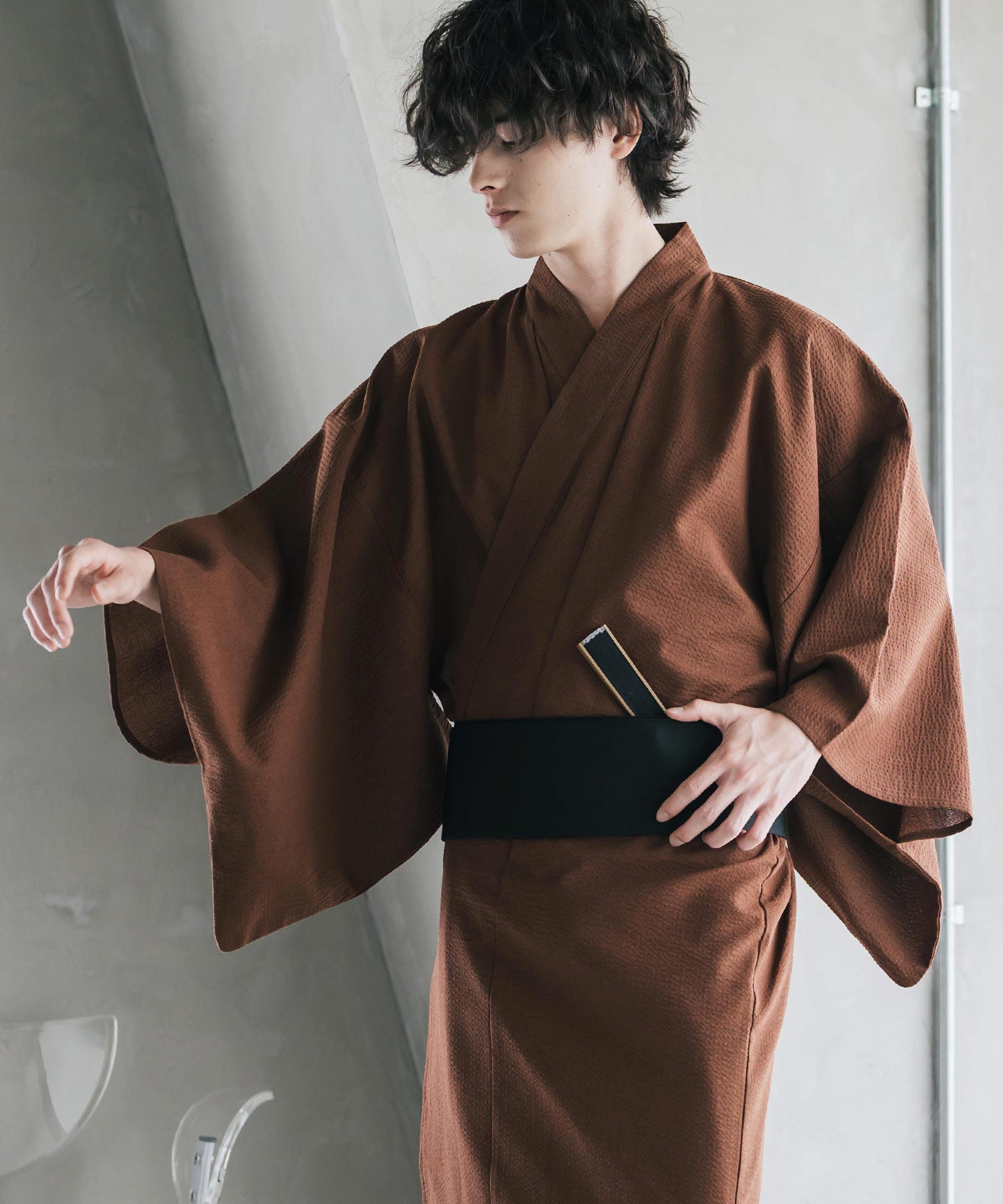 しじら織りワンタッチ帯付きメンズ浴衣2点セット 15479