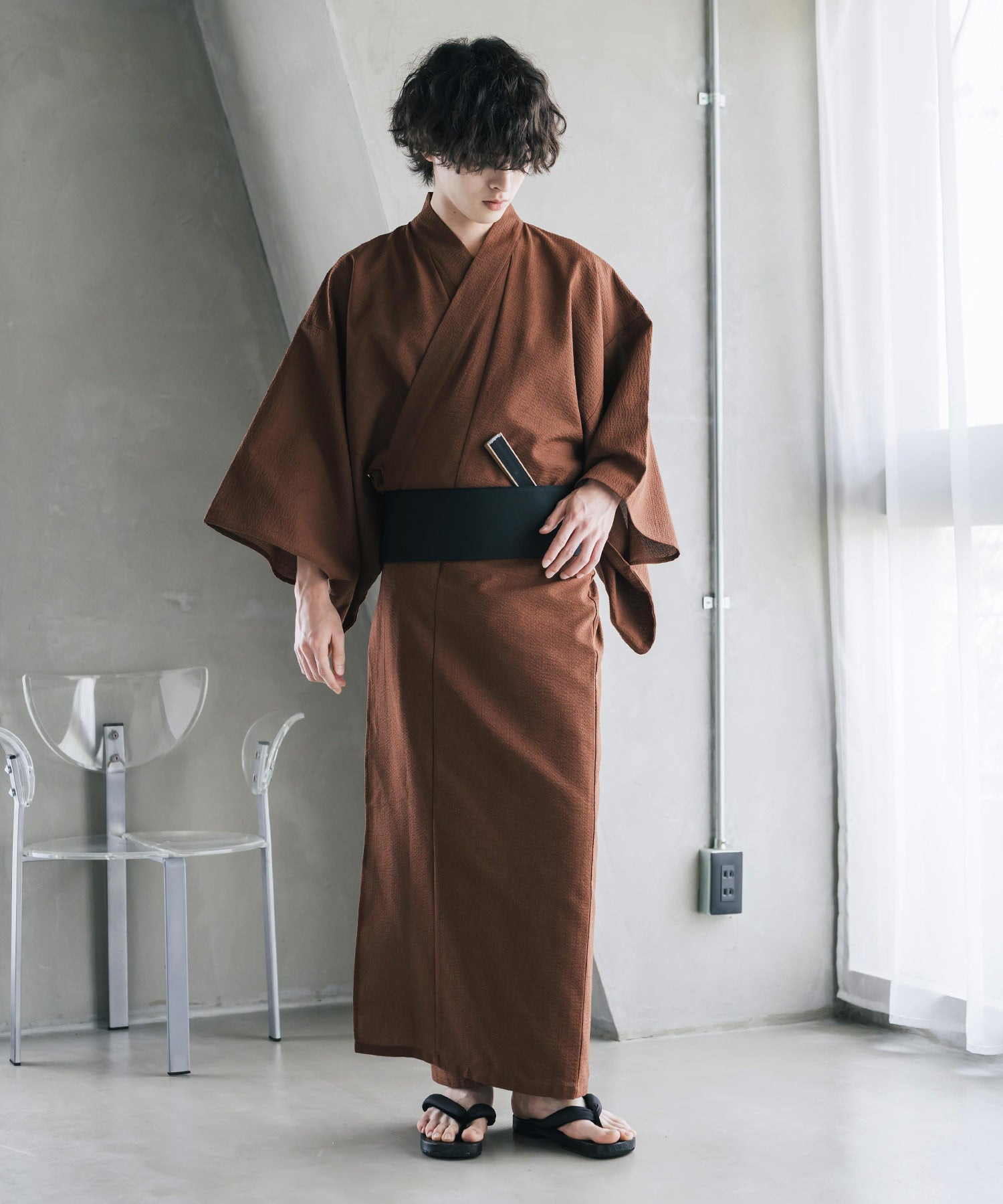 しじら織りワンタッチ帯付きメンズ浴衣2点セット 15479