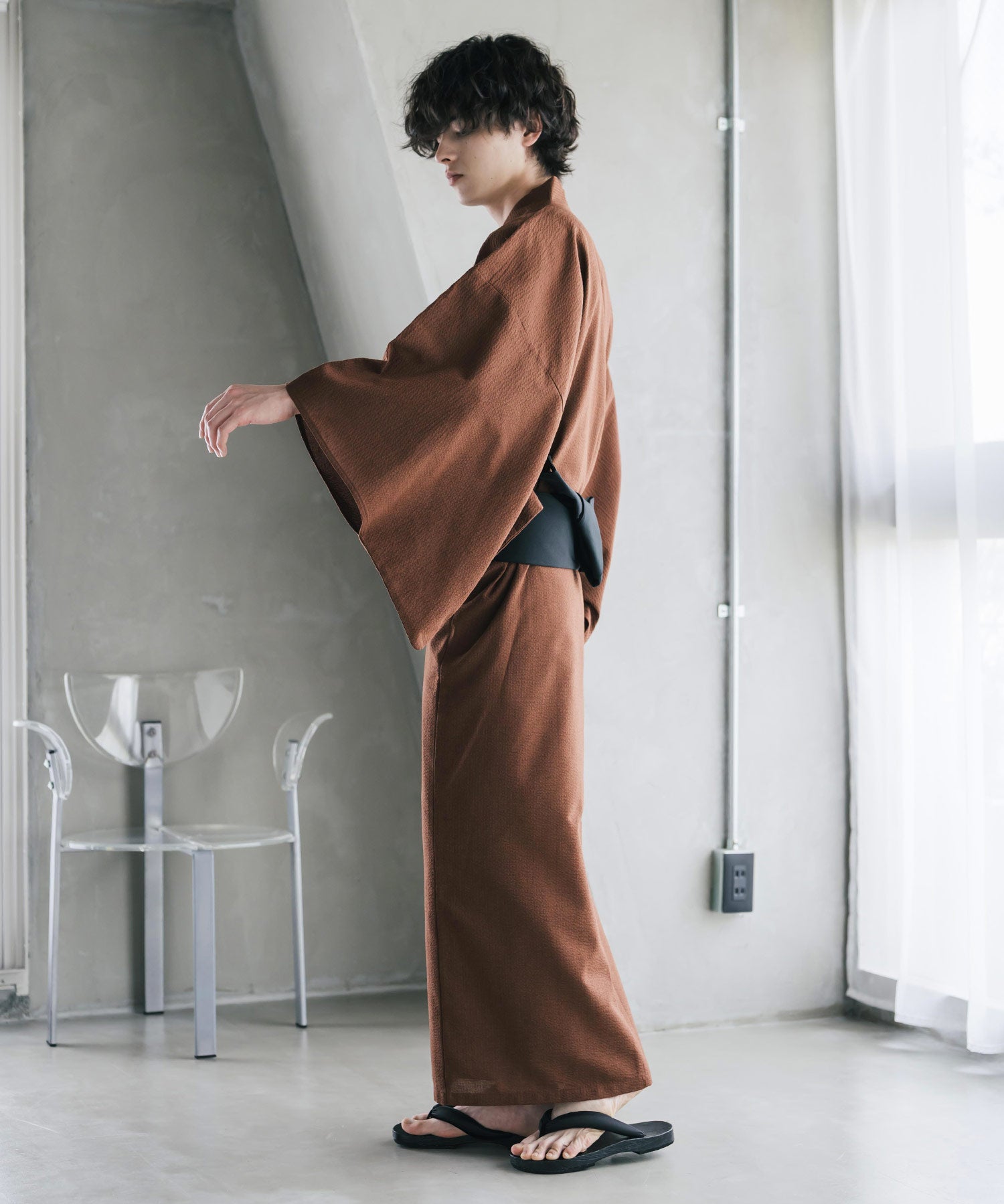 しじら織りワンタッチ帯付きメンズ浴衣2点セット 15479