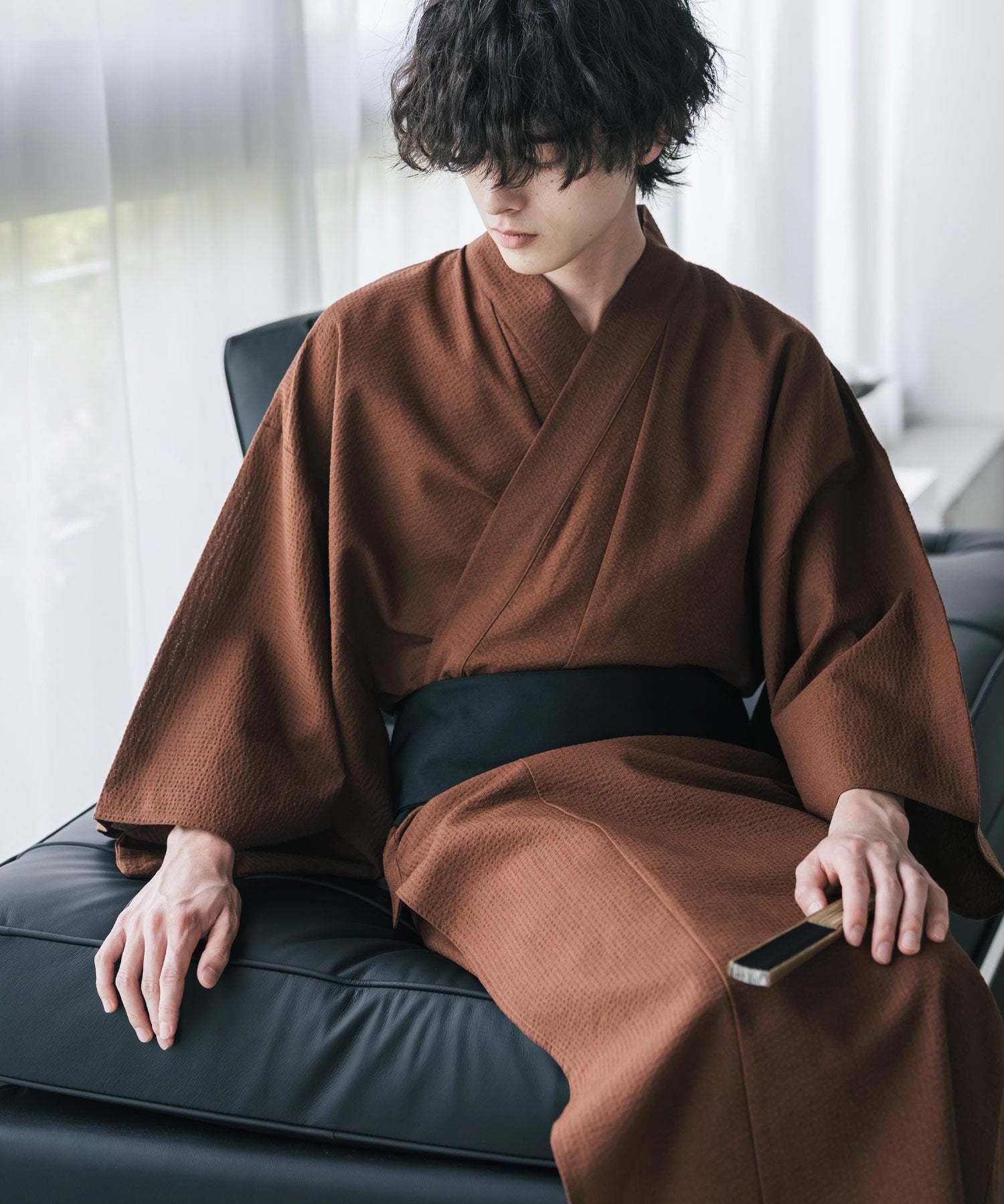 しじら織りワンタッチ帯付きメンズ浴衣2点セット 15479