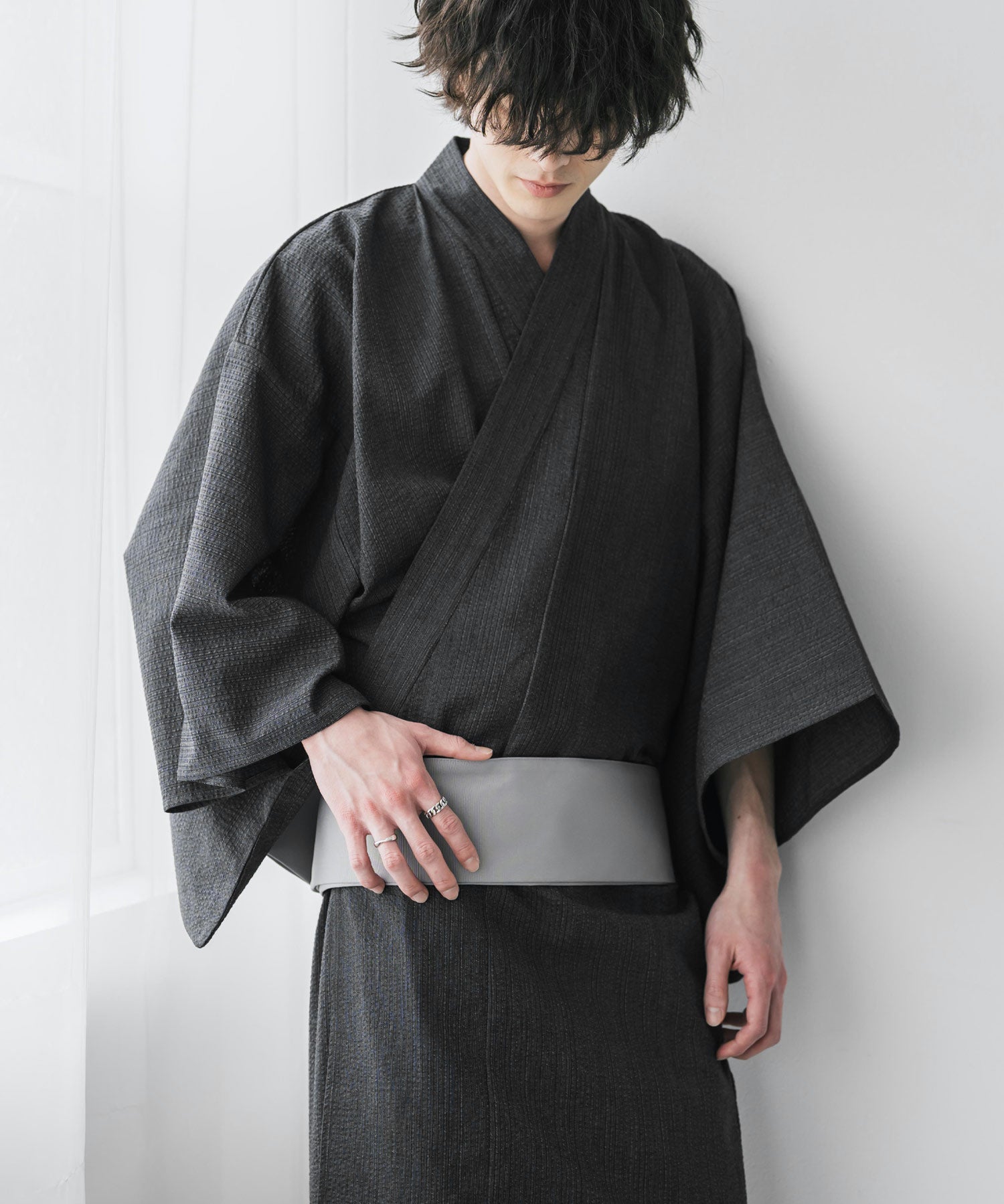 しじら織りワンタッチ帯付きメンズ浴衣2点セット 15479