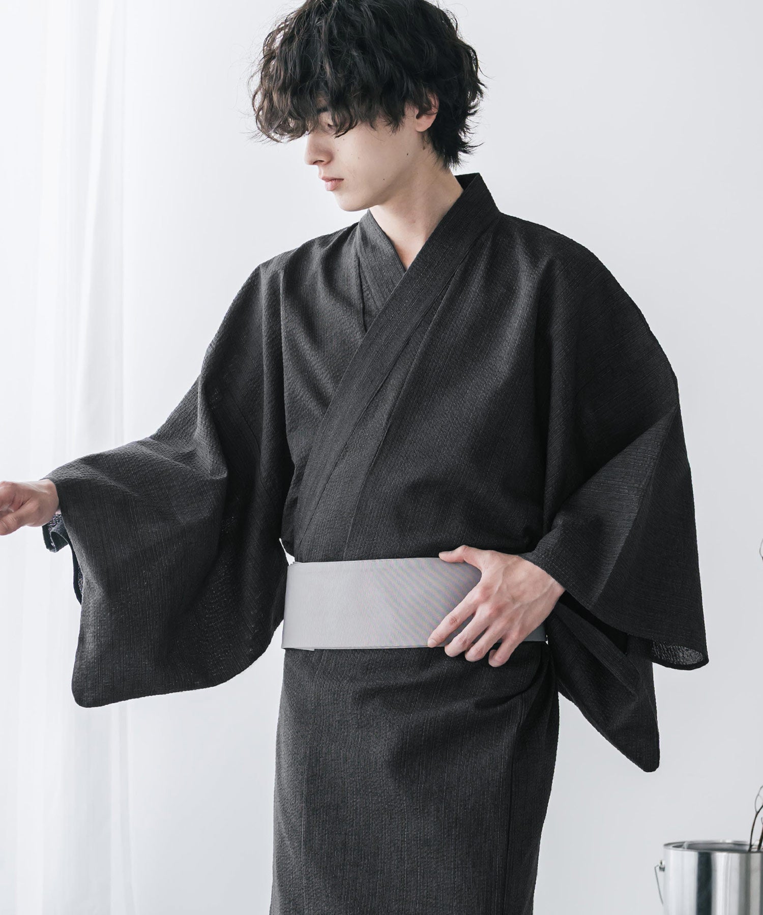 しじら織りワンタッチ帯付きメンズ浴衣2点セット 15479
