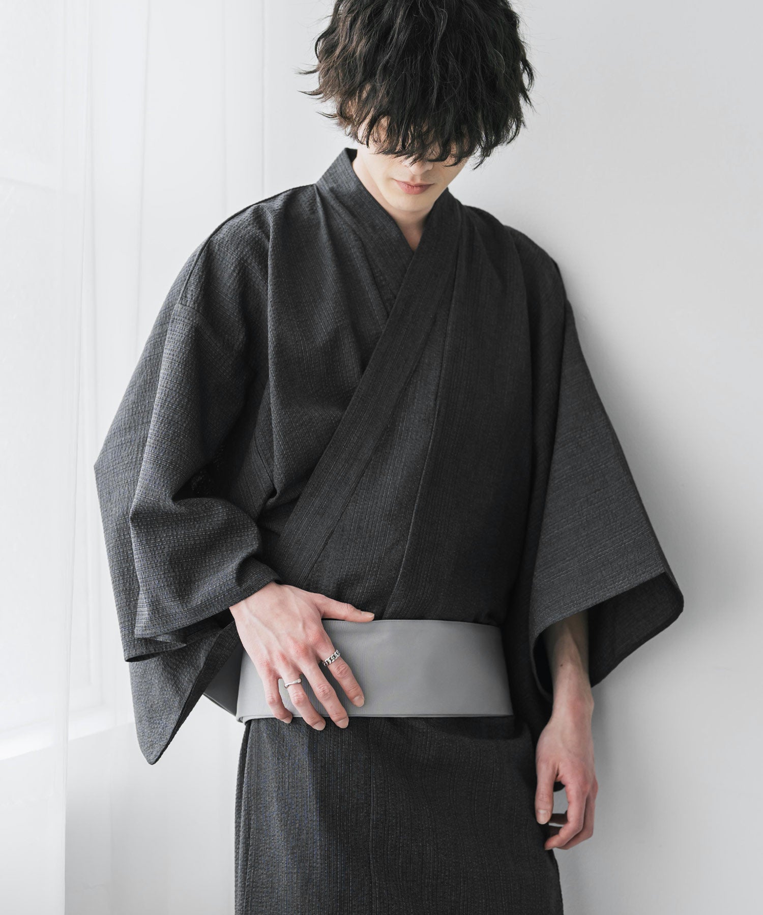 しじら織りワンタッチ帯付きメンズ浴衣2点セット 15479