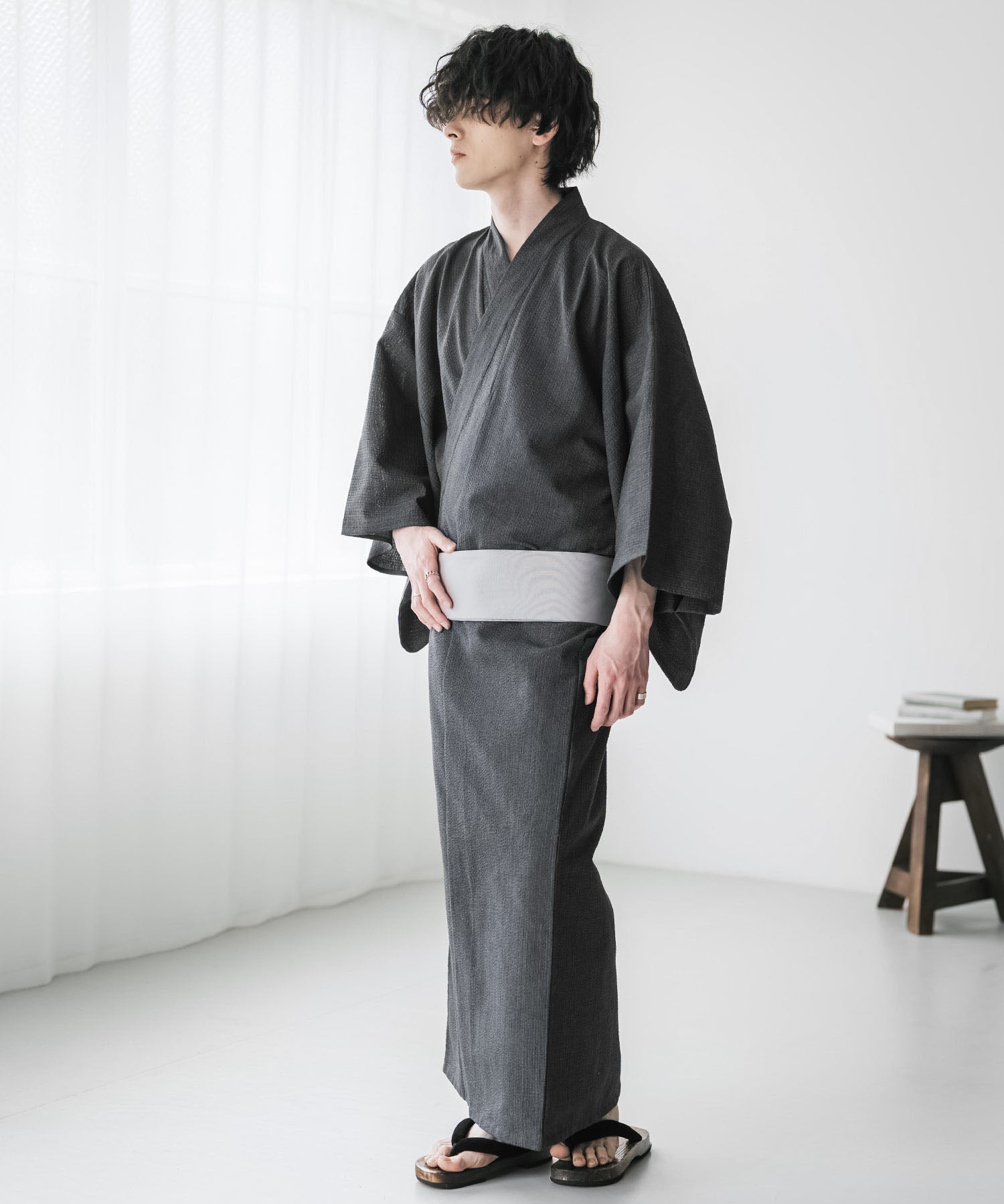 しじら織りワンタッチ帯付きメンズ浴衣2点セット 15479