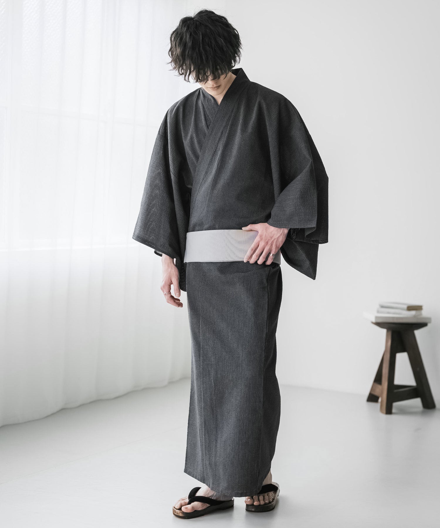 しじら織りワンタッチ帯付きメンズ浴衣2点セット 15479