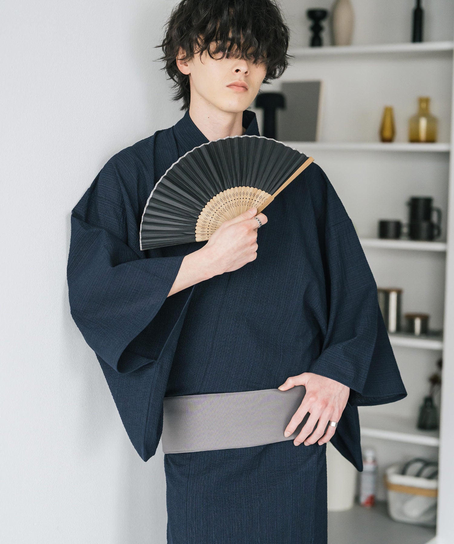 しじら織りワンタッチ帯付きメンズ浴衣2点セット 15479