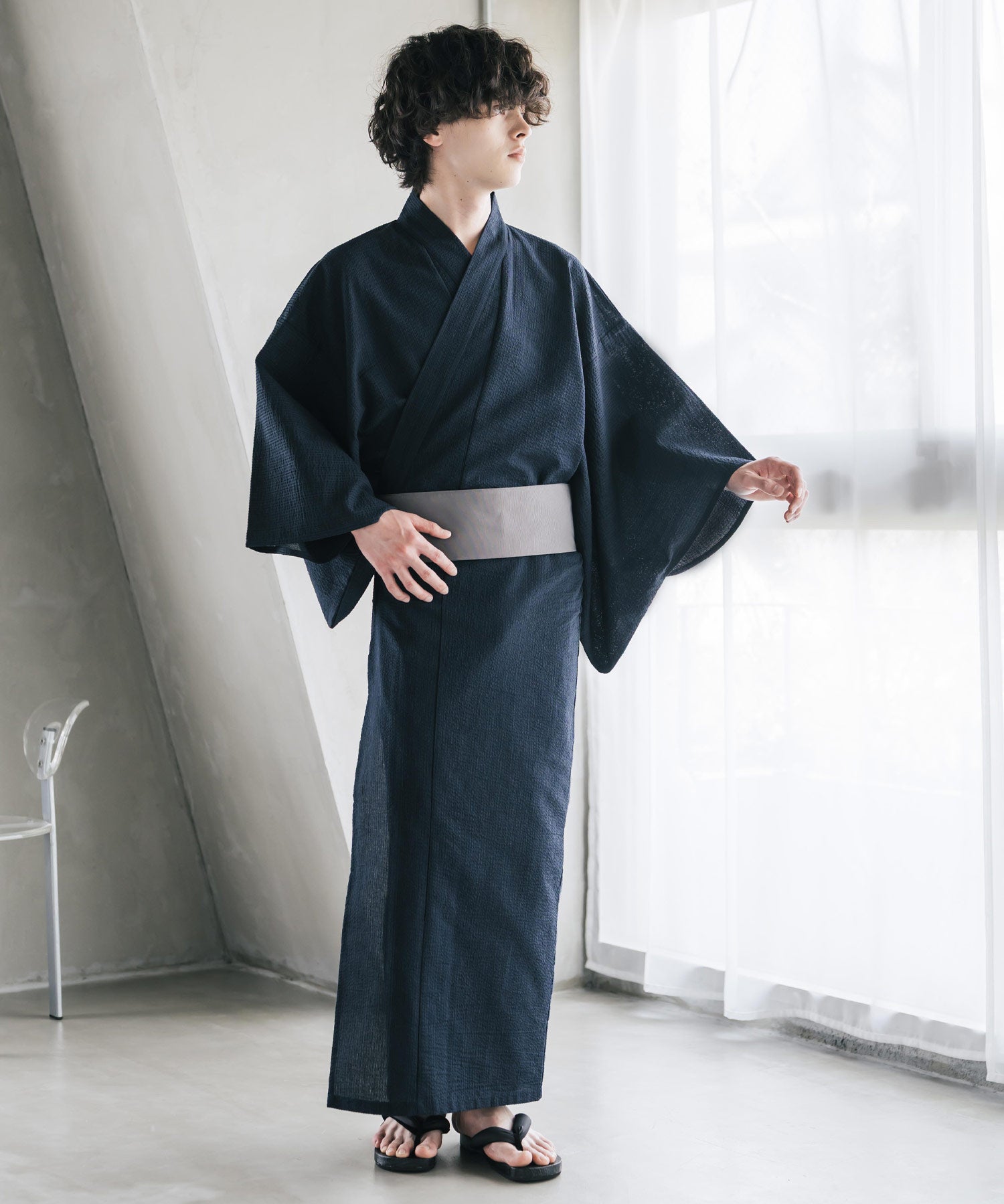 しじら織りワンタッチ帯付きメンズ浴衣2点セット 15479
