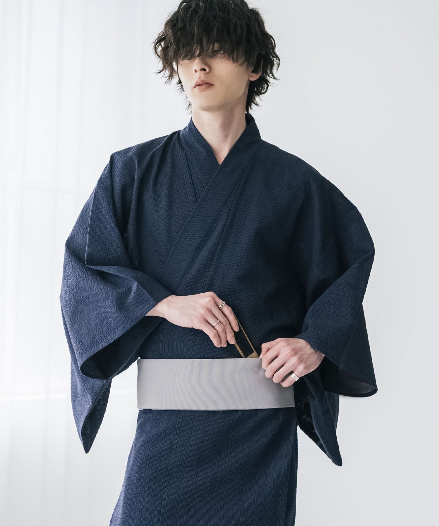 しじら織りワンタッチ帯付きメンズ浴衣2点セット 15479