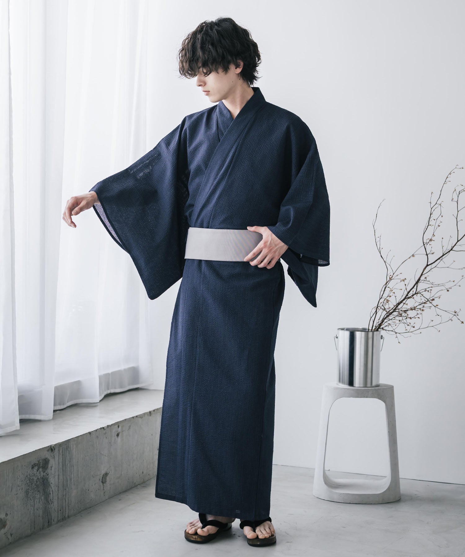 しじら織りワンタッチ帯付きメンズ浴衣2点セット 15479
