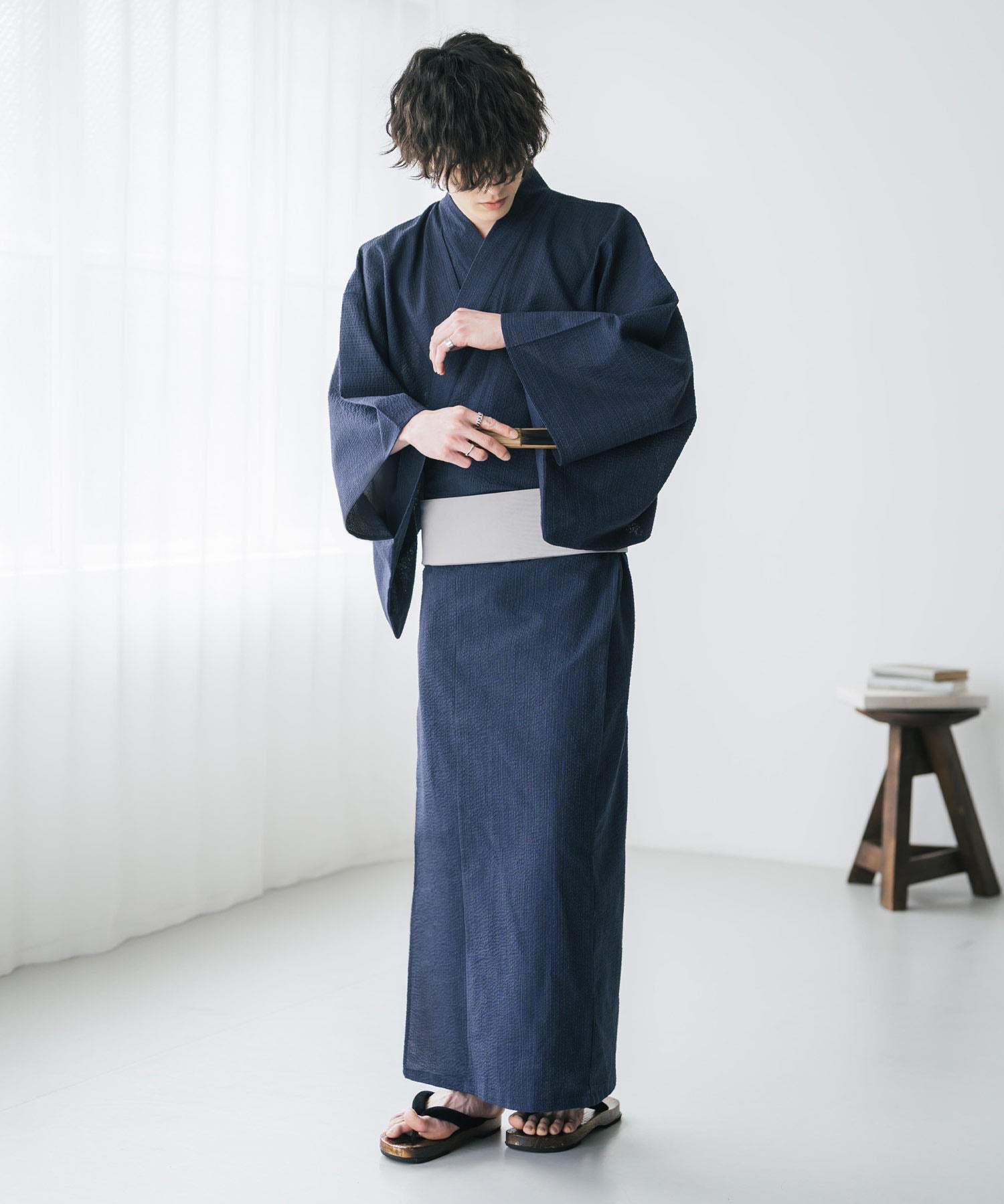しじら織りワンタッチ帯付きメンズ浴衣2点セット 15479