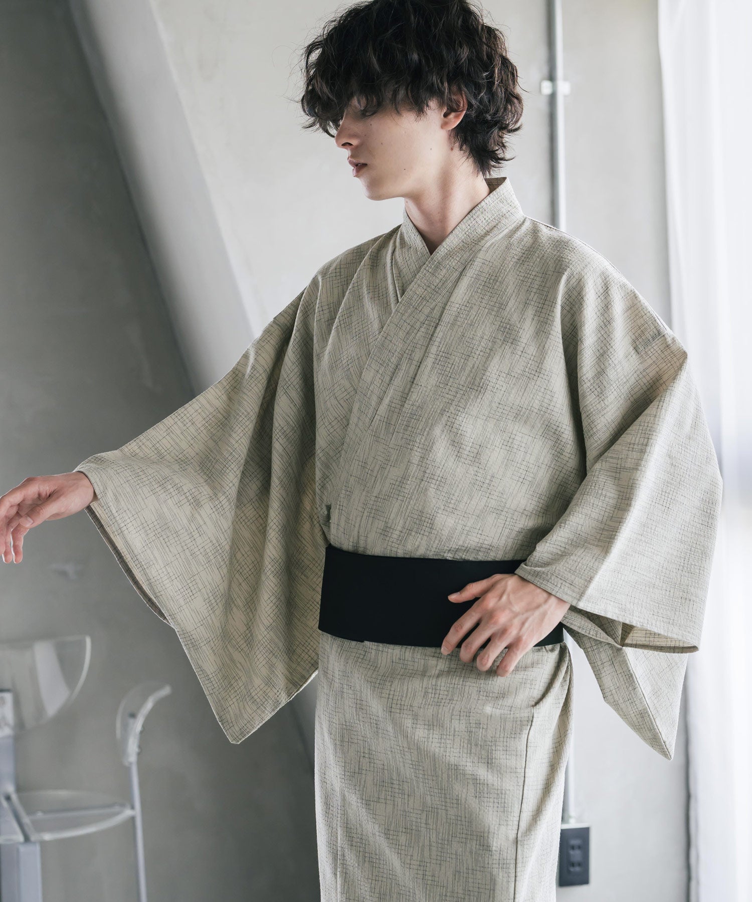 しじら織りワンタッチ帯付きメンズ浴衣2点セット 15479