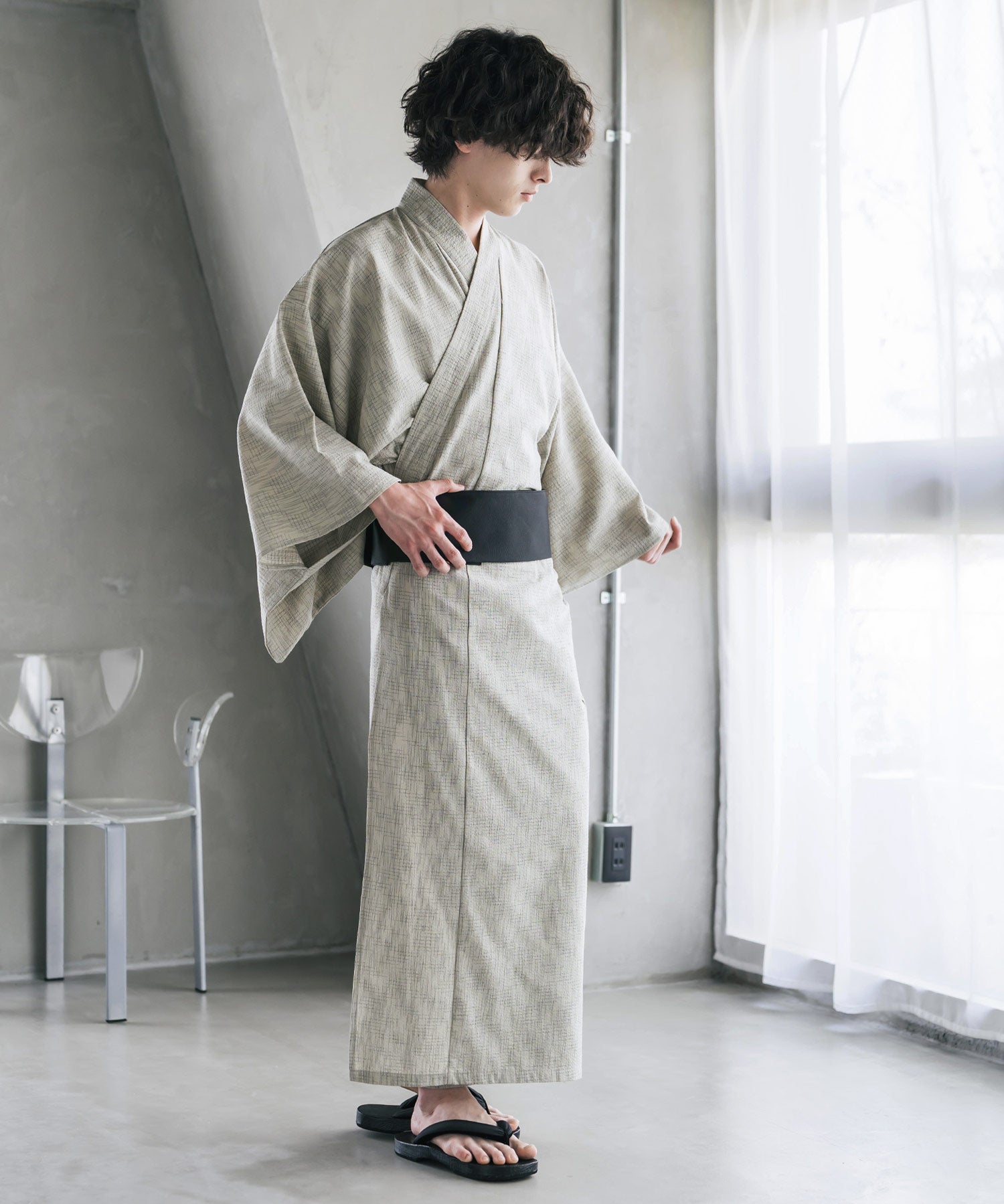 しじら織りワンタッチ帯付きメンズ浴衣2点セット 15479