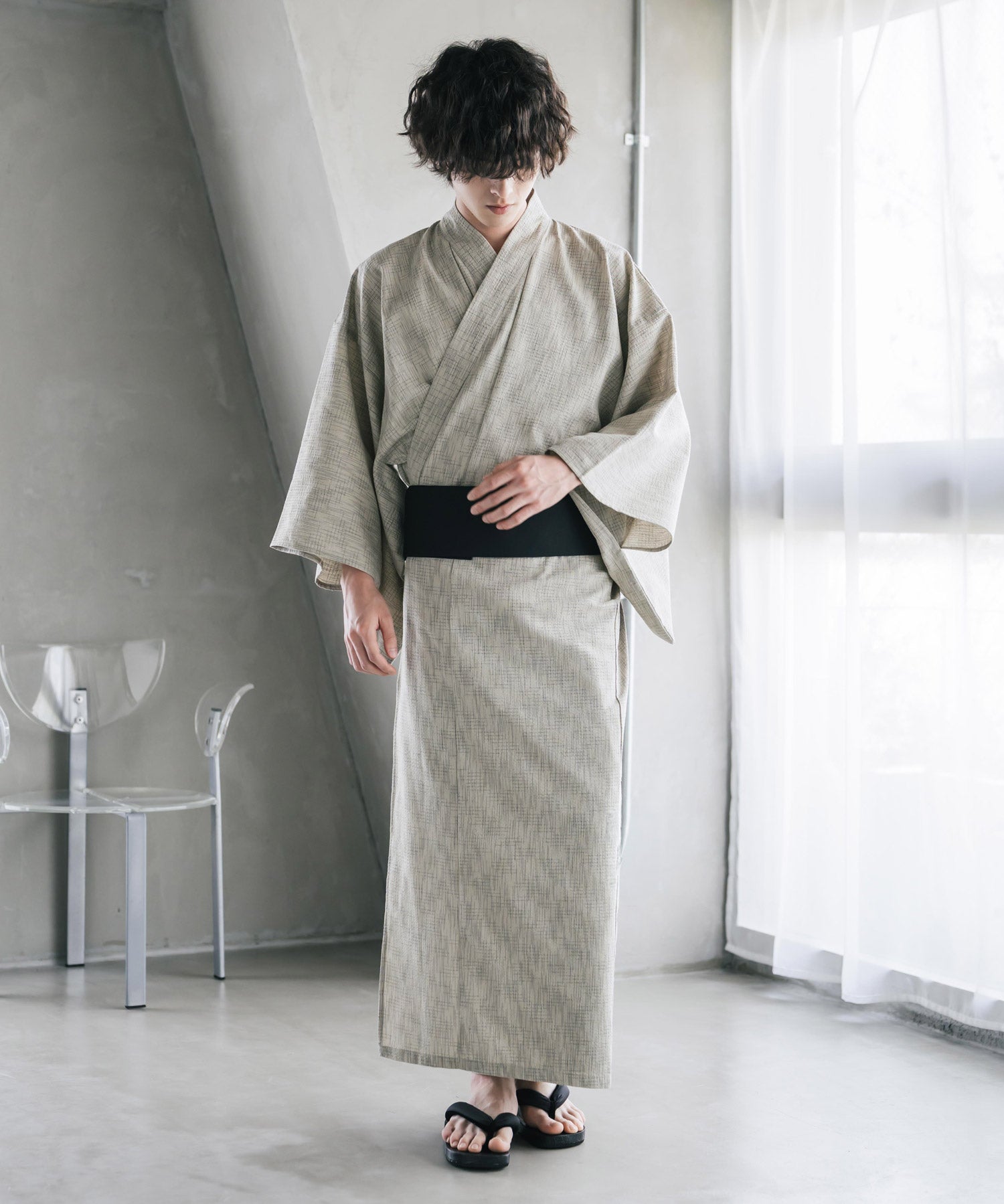 しじら織りワンタッチ帯付きメンズ浴衣2点セット 15479