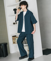 新色追加 セットアップ 接触冷感 多機能素材 リネンライク半袖開襟シャツ＆セミワイドイージーパンツ 15480