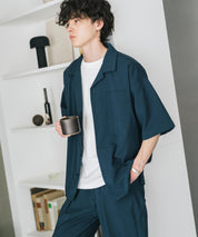 新色追加 セットアップ 接触冷感 多機能素材 リネンライク半袖開襟シャツ＆セミワイドイージーパンツ 15480