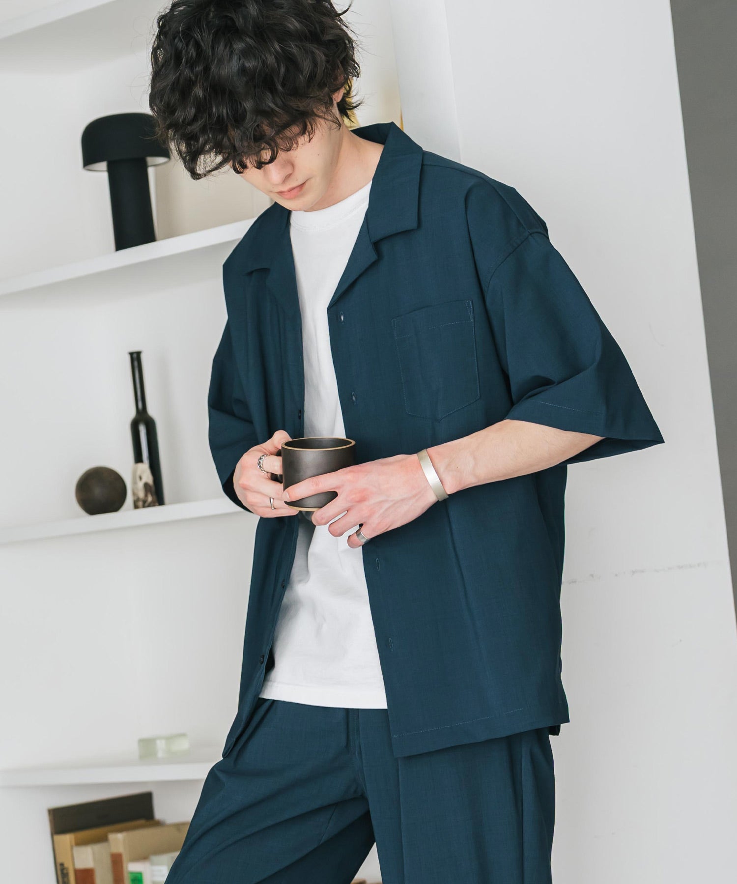 新色追加 セットアップ 接触冷感 多機能素材 リネンライク半袖開襟シャツ＆セミワイドイージーパンツ 15480