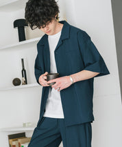 新色追加 セットアップ 接触冷感 多機能素材 リネンライク半袖開襟シャツ＆セミワイドイージーパンツ 15480