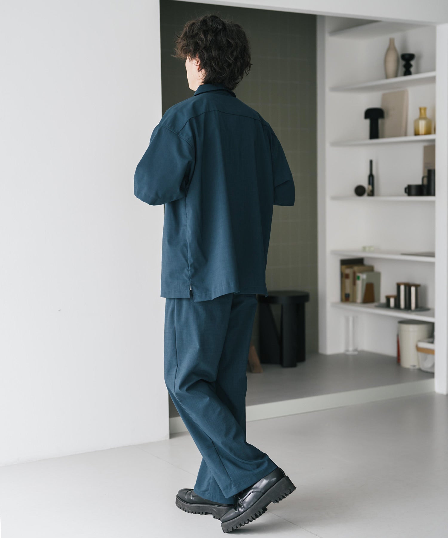 新色追加 セットアップ 接触冷感 多機能素材 リネンライク半袖開襟シャツ＆セミワイドイージーパンツ 15480