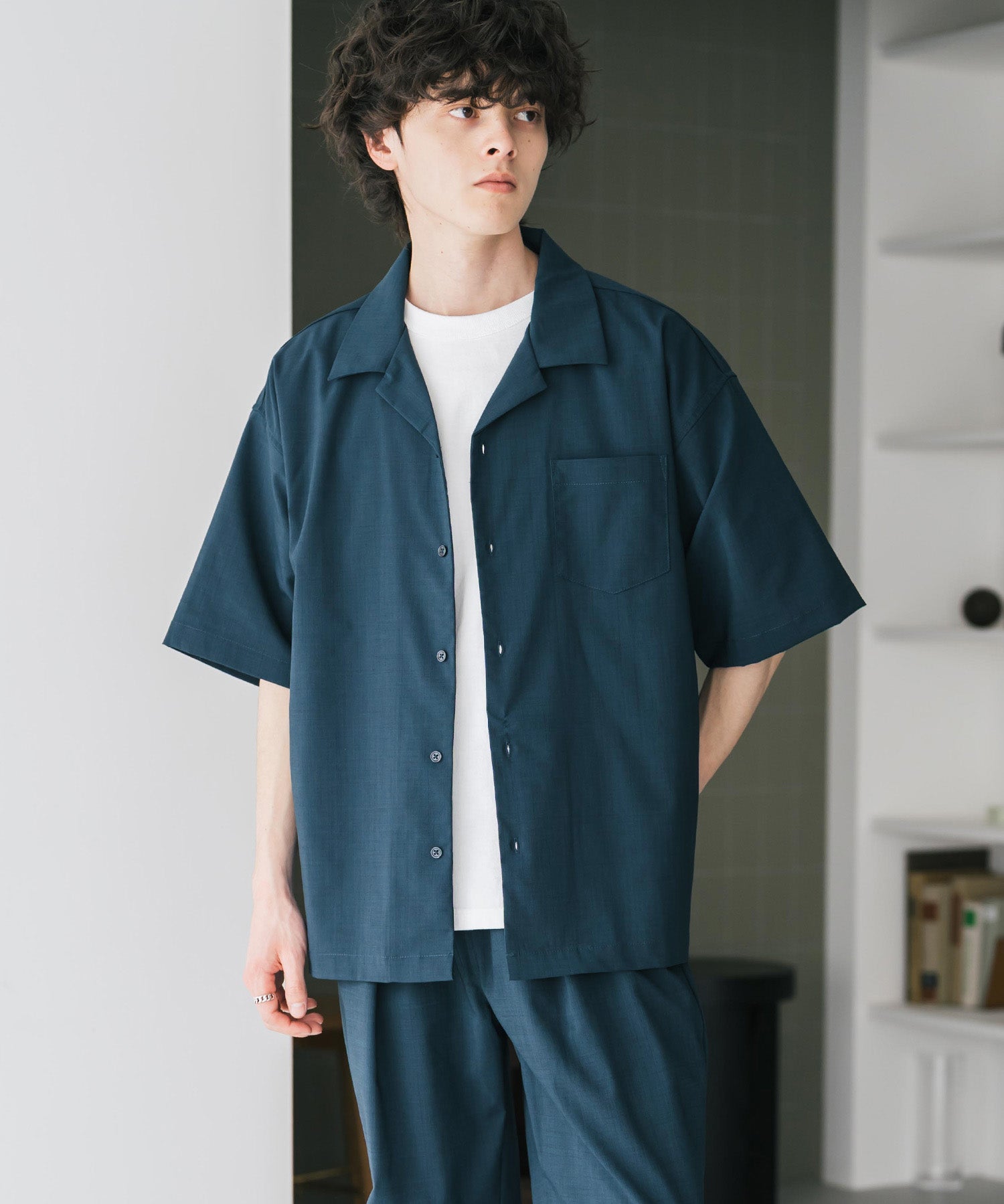 新色追加 セットアップ 接触冷感 多機能素材 リネンライク半袖開襟シャツ＆セミワイドイージーパンツ 15480