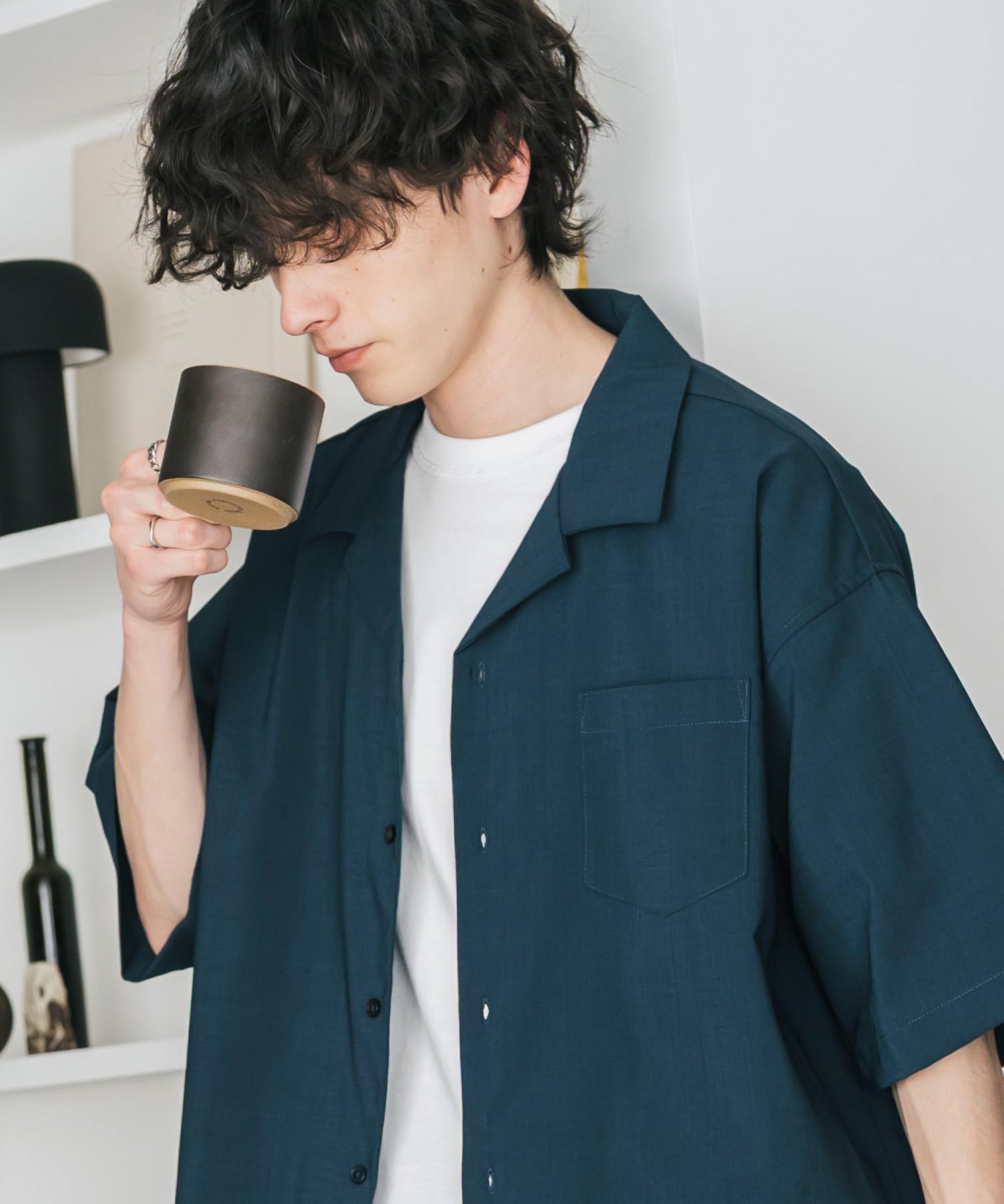 新色追加 セットアップ 接触冷感 多機能素材 リネンライク半袖開襟シャツ＆セミワイドイージーパンツ 15480