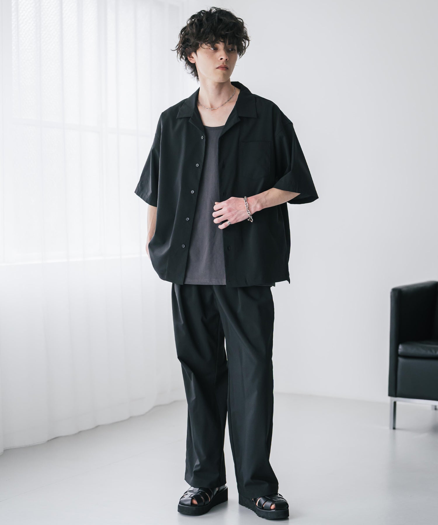 新色追加 セットアップ 接触冷感 多機能素材 リネンライク半袖開襟シャツ＆セミワイドイージーパンツ 15480