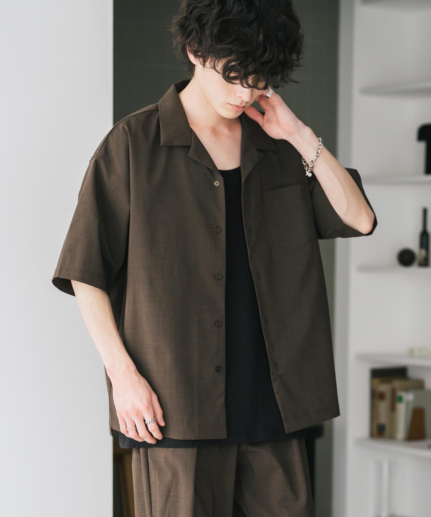 新色追加 セットアップ 接触冷感 多機能素材 リネンライク半袖開襟シャツ＆セミワイドイージーパンツ 15480