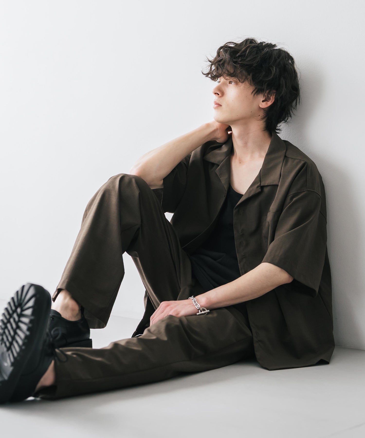 新色追加 セットアップ 接触冷感 多機能素材 リネンライク半袖開襟シャツ＆セミワイドイージーパンツ 15480