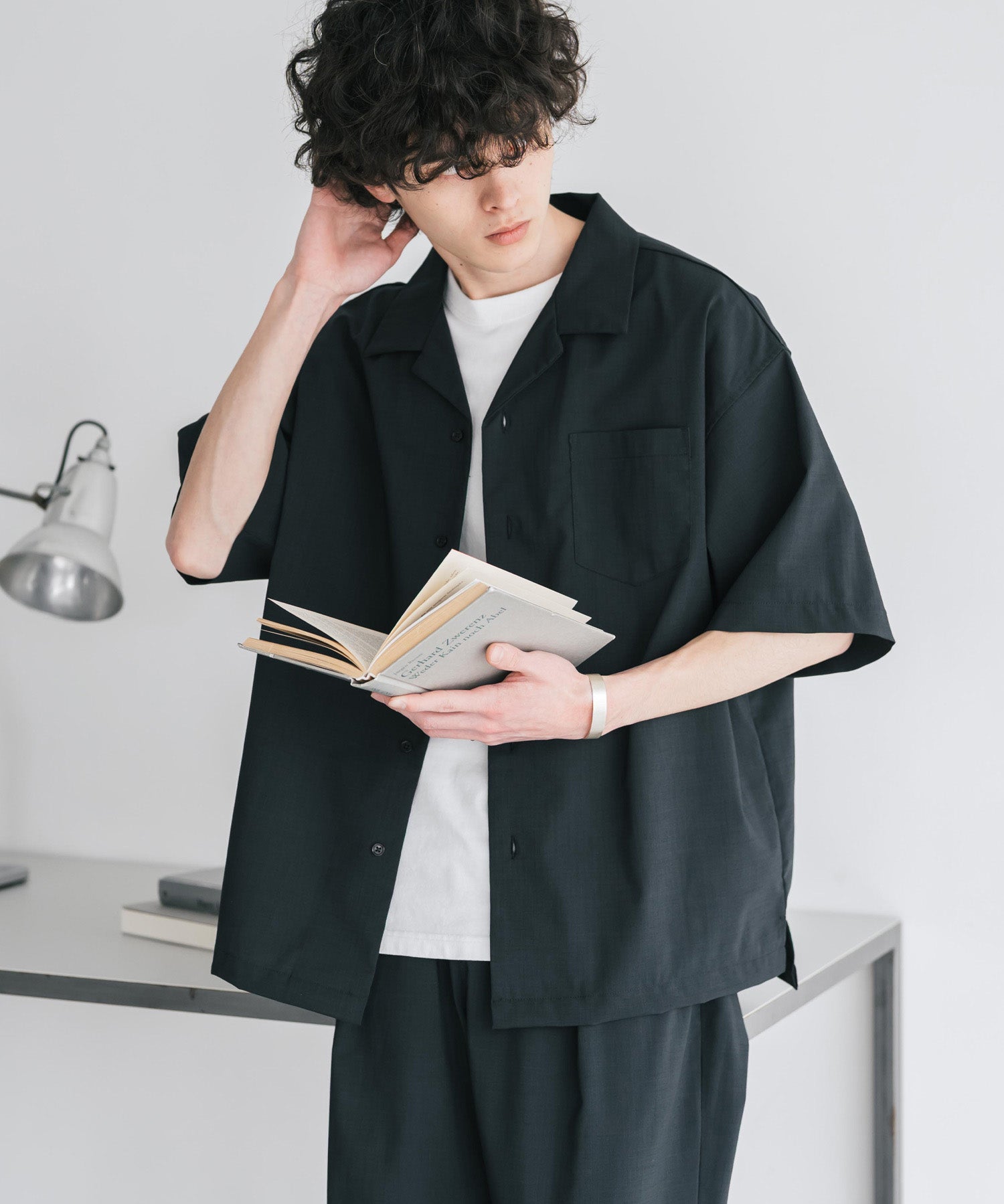 新色追加 セットアップ 接触冷感 多機能素材 リネンライク半袖開襟シャツ＆セミワイドイージーパンツ 15480