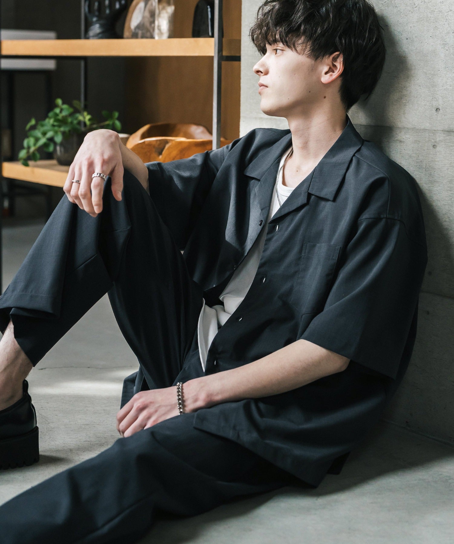 新色追加 セットアップ 接触冷感 多機能素材 リネンライク半袖開襟シャツ＆セミワイドイージーパンツ 15480