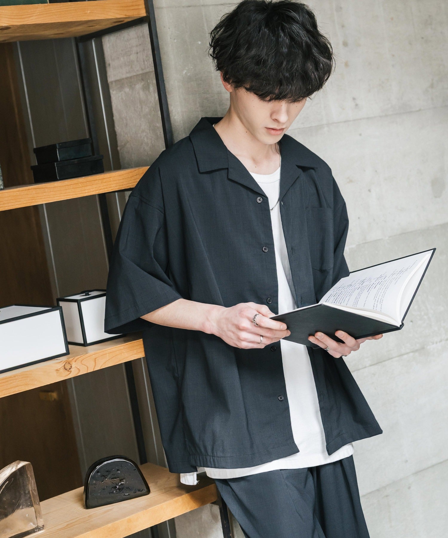 新色追加 セットアップ 接触冷感 多機能素材 リネンライク半袖開襟シャツ＆セミワイドイージーパンツ 15480