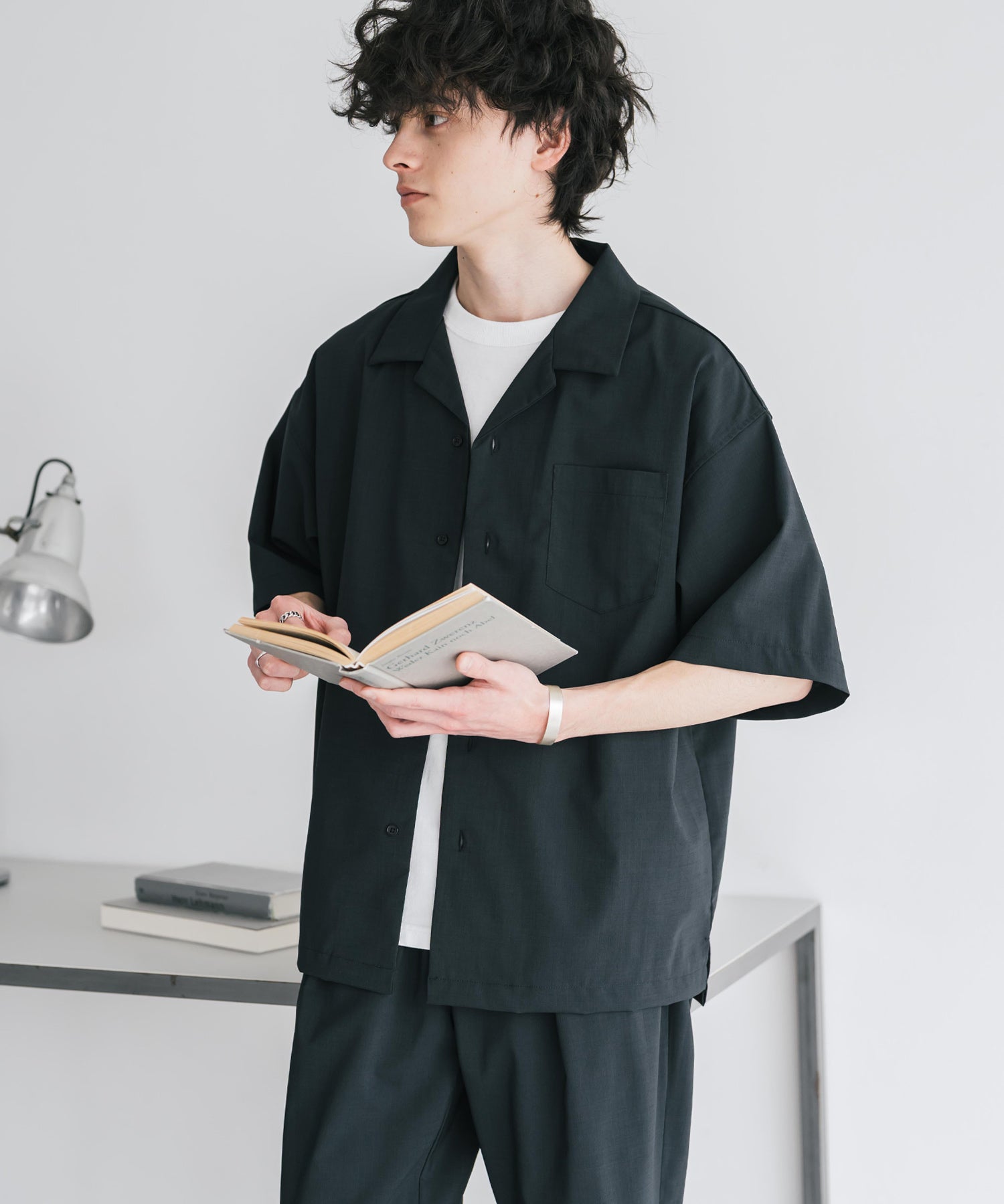 新色追加 セットアップ 接触冷感 多機能素材 リネンライク半袖開襟シャツ＆セミワイドイージーパンツ 15480