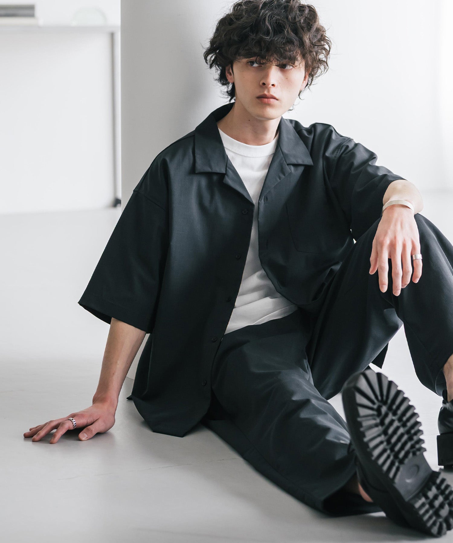 新色追加 セットアップ 接触冷感 多機能素材 リネンライク半袖開襟シャツ＆セミワイドイージーパンツ 15480