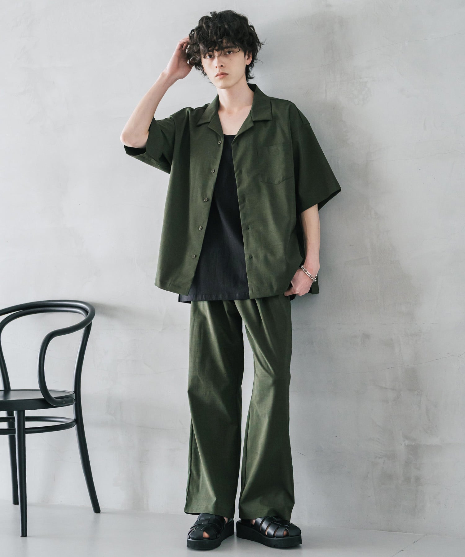 新色追加 セットアップ 接触冷感 多機能素材 リネンライク半袖開襟シャツ＆セミワイドイージーパンツ 15480