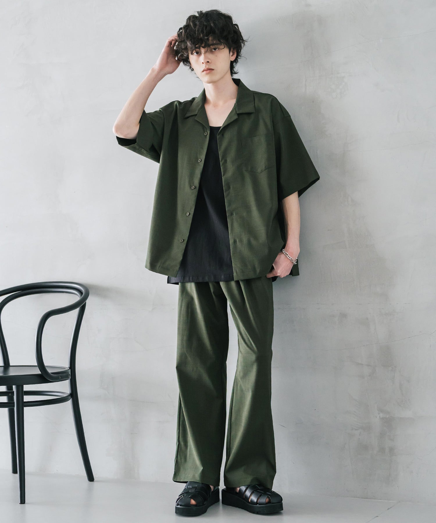 新色追加 セットアップ 接触冷感 多機能素材 リネンライク半袖開襟シャツ＆セミワイドイージーパンツ 15480