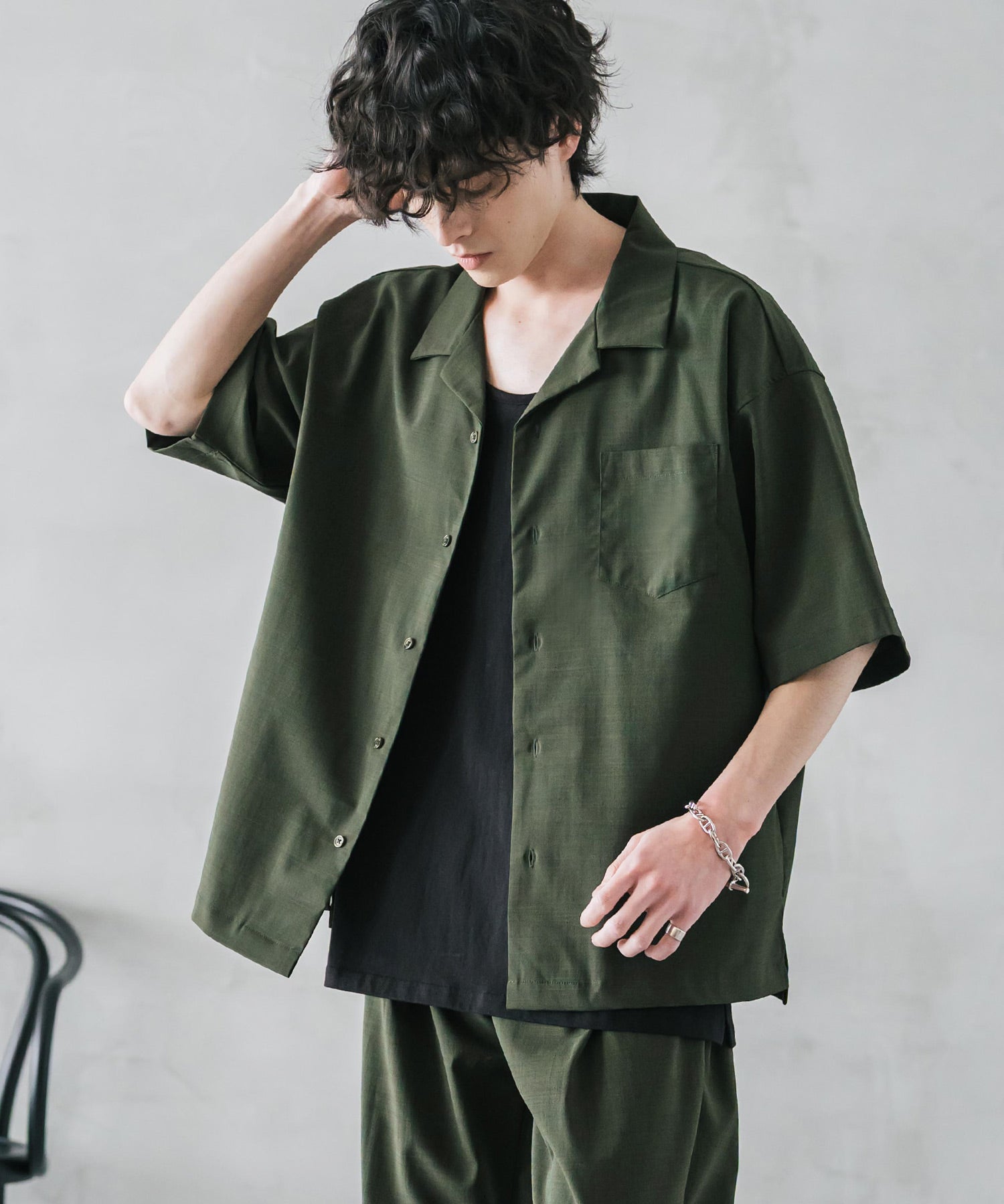 新色追加 セットアップ 接触冷感 多機能素材 リネンライク半袖開襟シャツ＆セミワイドイージーパンツ 15480