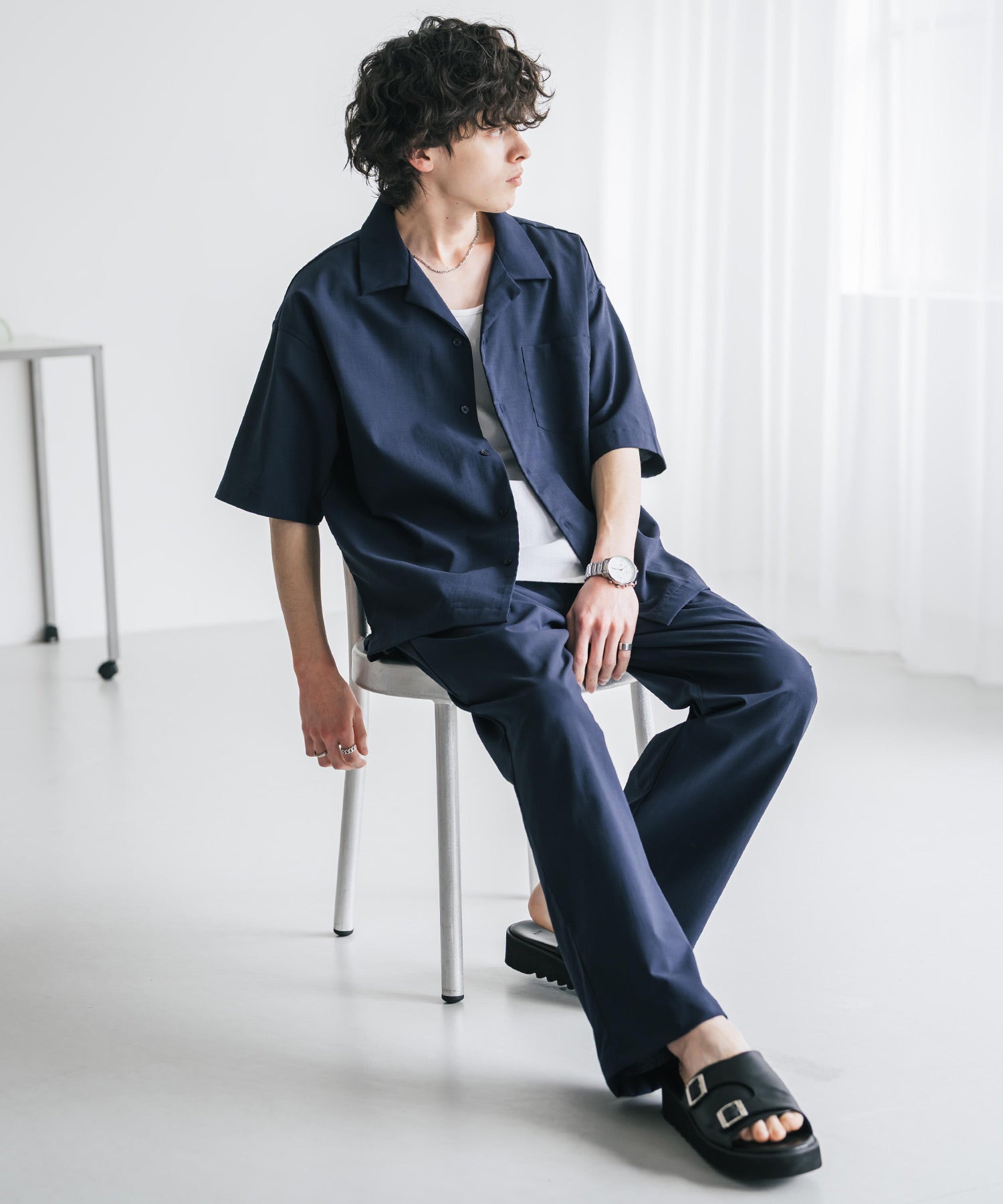 新色追加 セットアップ 接触冷感 多機能素材 リネンライク半袖開襟シャツ＆セミワイドイージーパンツ 15480