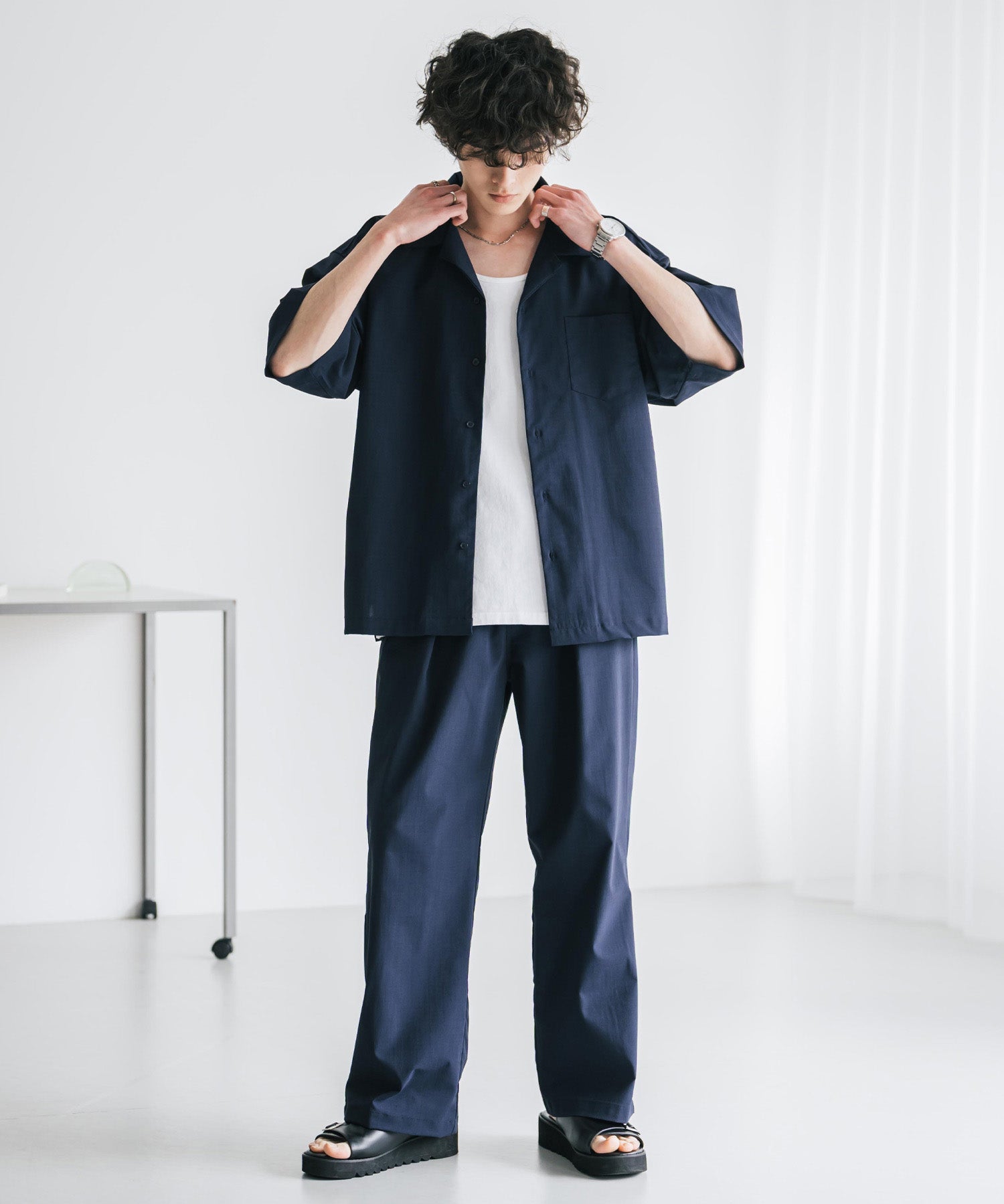 新色追加 セットアップ 接触冷感 多機能素材 リネンライク半袖開襟シャツ＆セミワイドイージーパンツ 15480