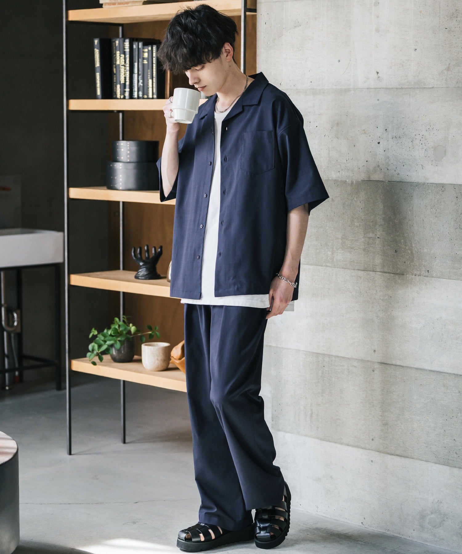 新色追加 セットアップ 接触冷感 多機能素材 リネンライク半袖開襟シャツ＆セミワイドイージーパンツ 15480