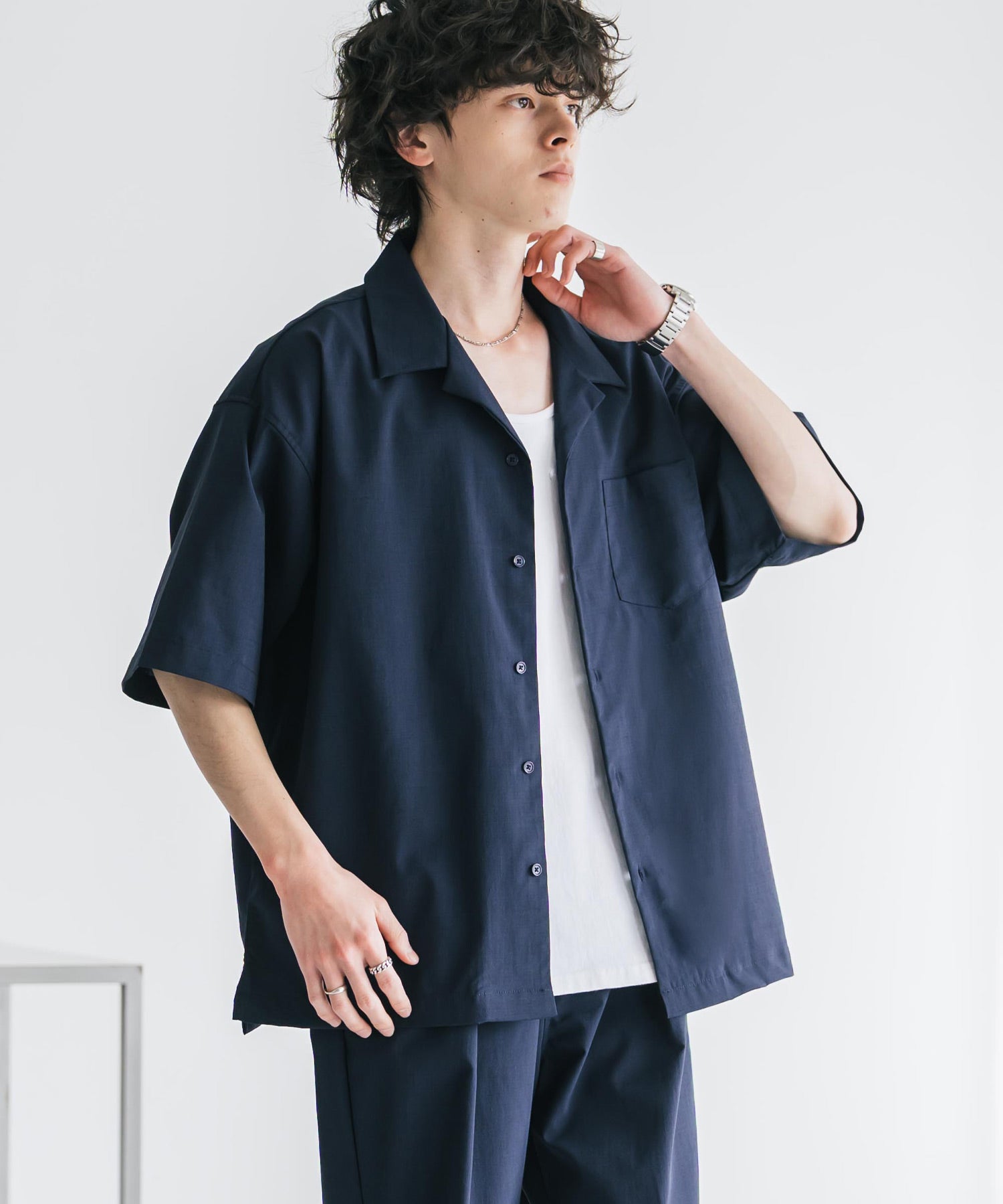 新色追加 セットアップ 接触冷感 多機能素材 リネンライク半袖開襟シャツ＆セミワイドイージーパンツ 15480