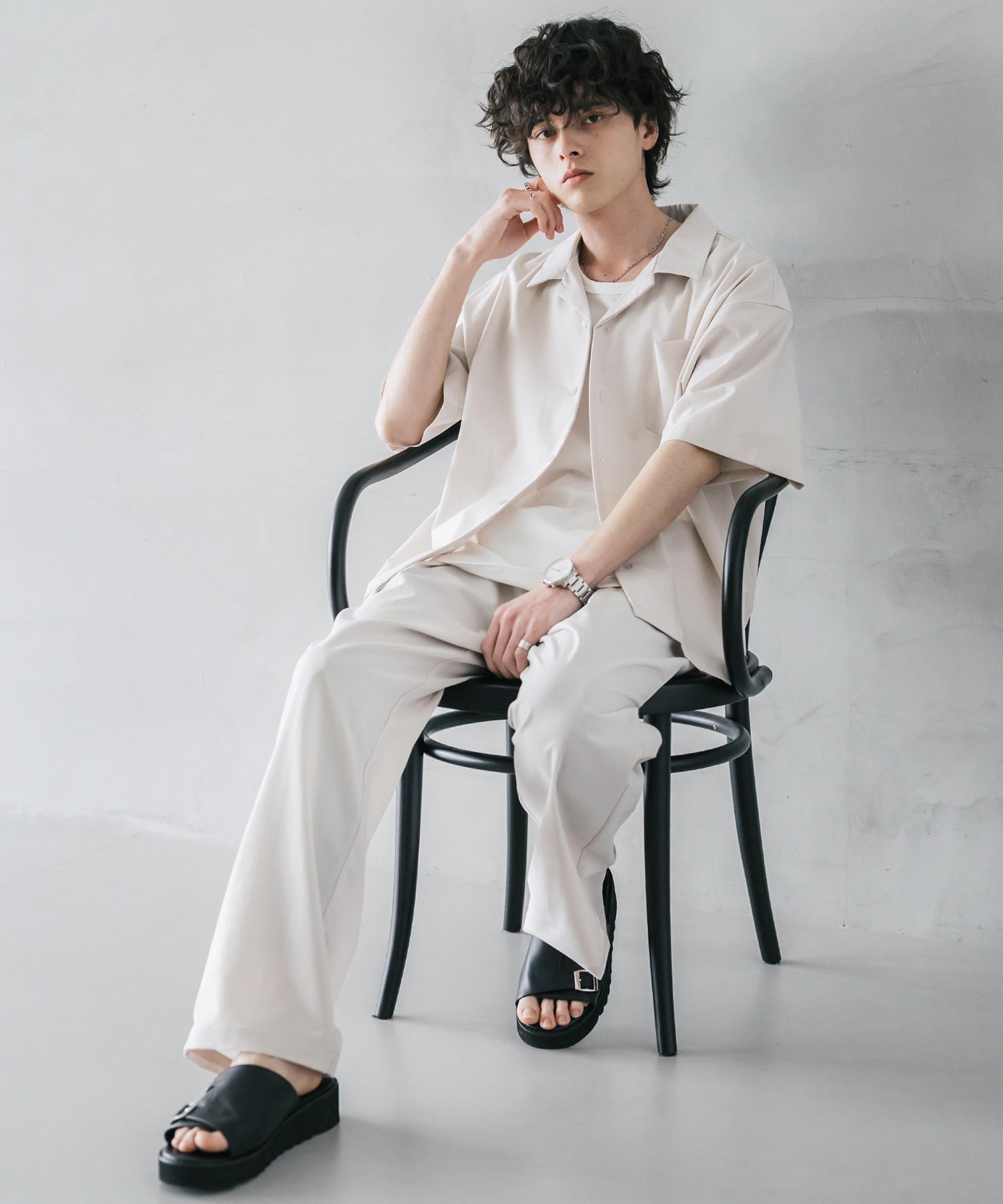 新色追加 セットアップ 接触冷感 多機能素材 リネンライク半袖開襟シャツ＆セミワイドイージーパンツ 15480