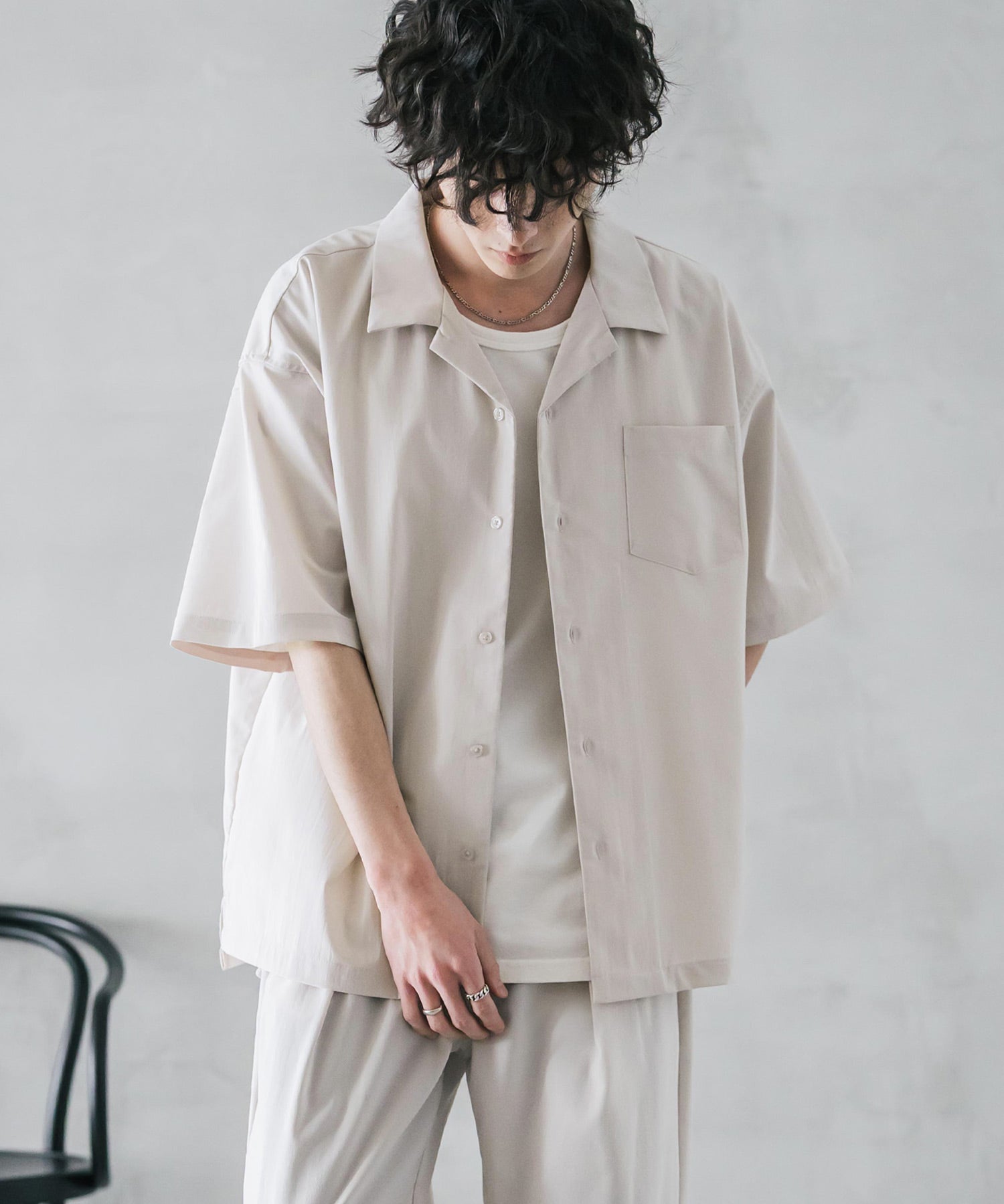 新色追加 セットアップ 接触冷感 多機能素材 リネンライク半袖開襟シャツ＆セミワイドイージーパンツ 15480