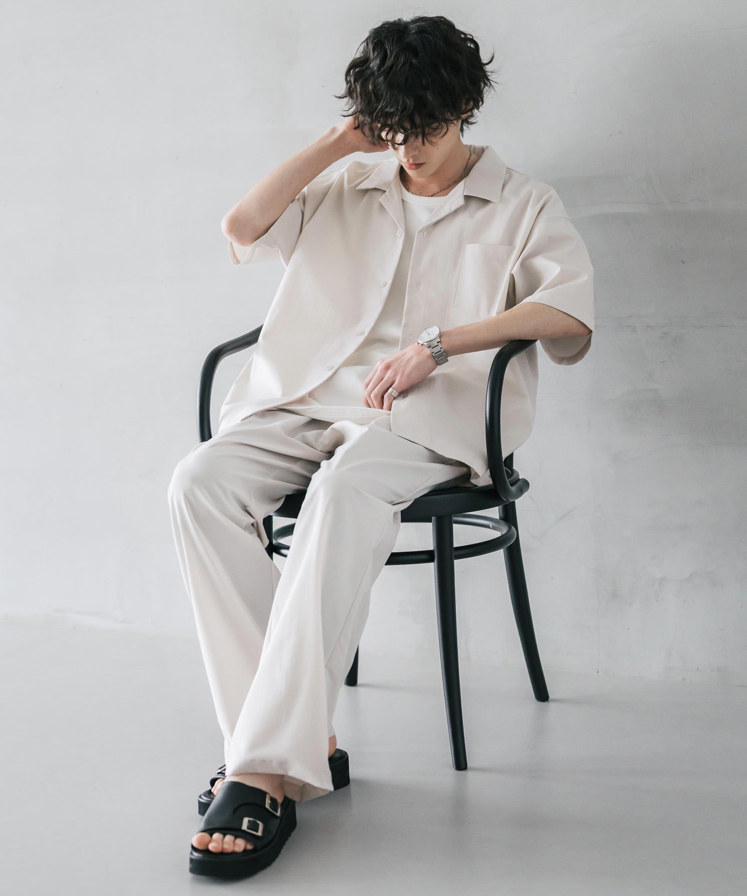 新色追加 セットアップ 接触冷感 多機能素材 リネンライク半袖開襟シャツ＆セミワイドイージーパンツ 15480