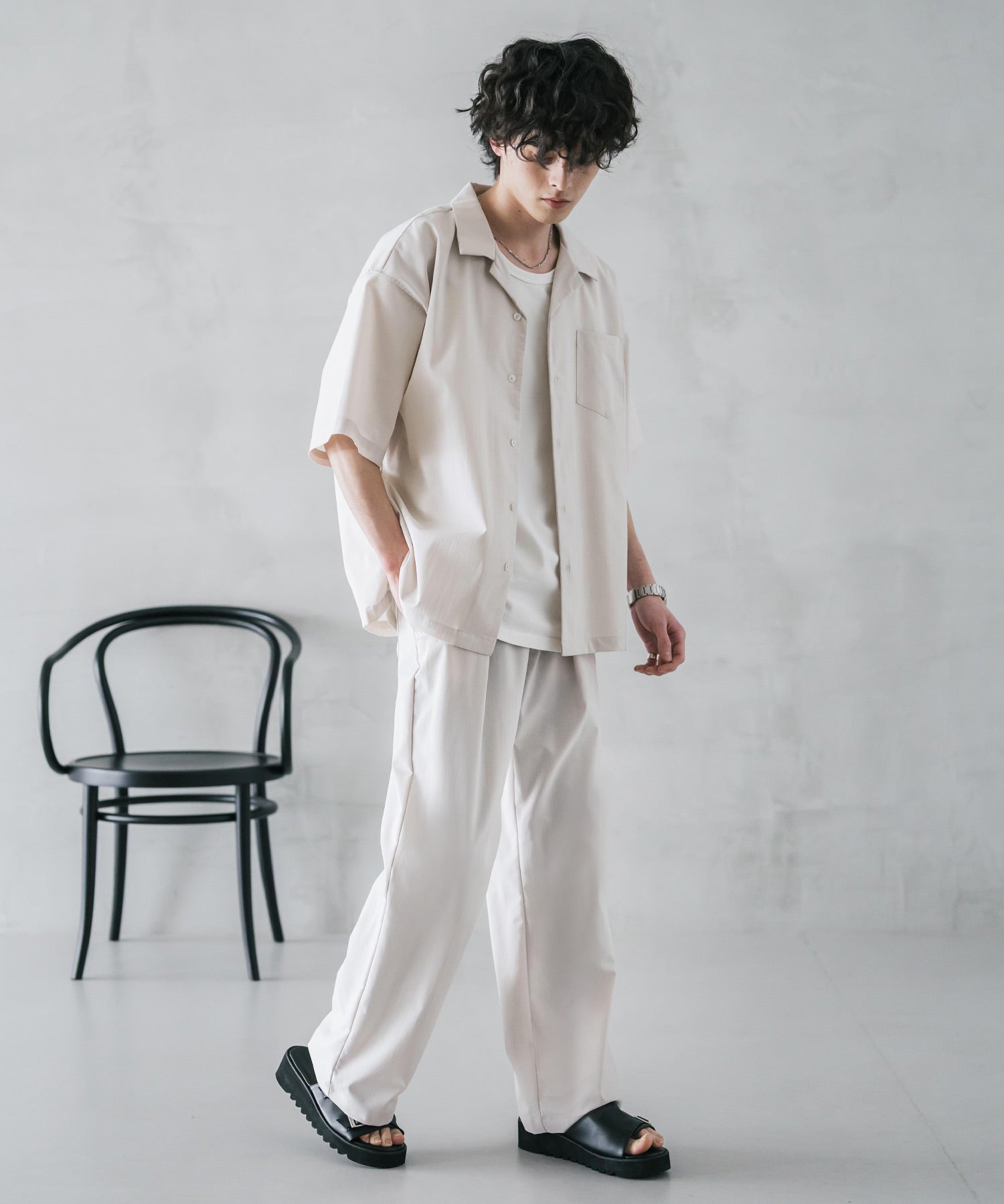 新色追加 セットアップ 接触冷感 多機能素材 リネンライク半袖開襟シャツ＆セミワイドイージーパンツ 15480