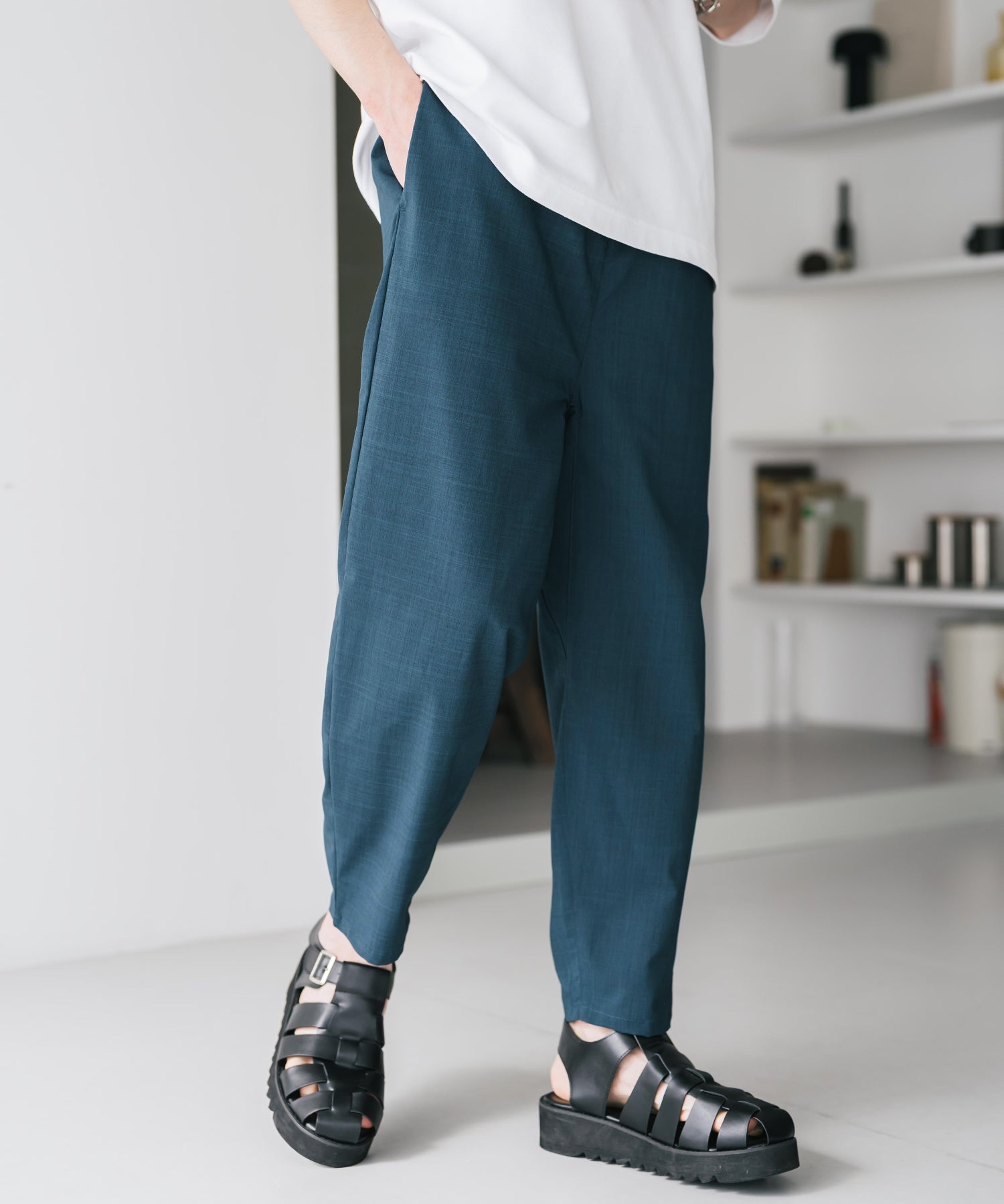 新色追加 接触冷感多機能素材リネンライク アンクルテーパードイージーパンツ 15482