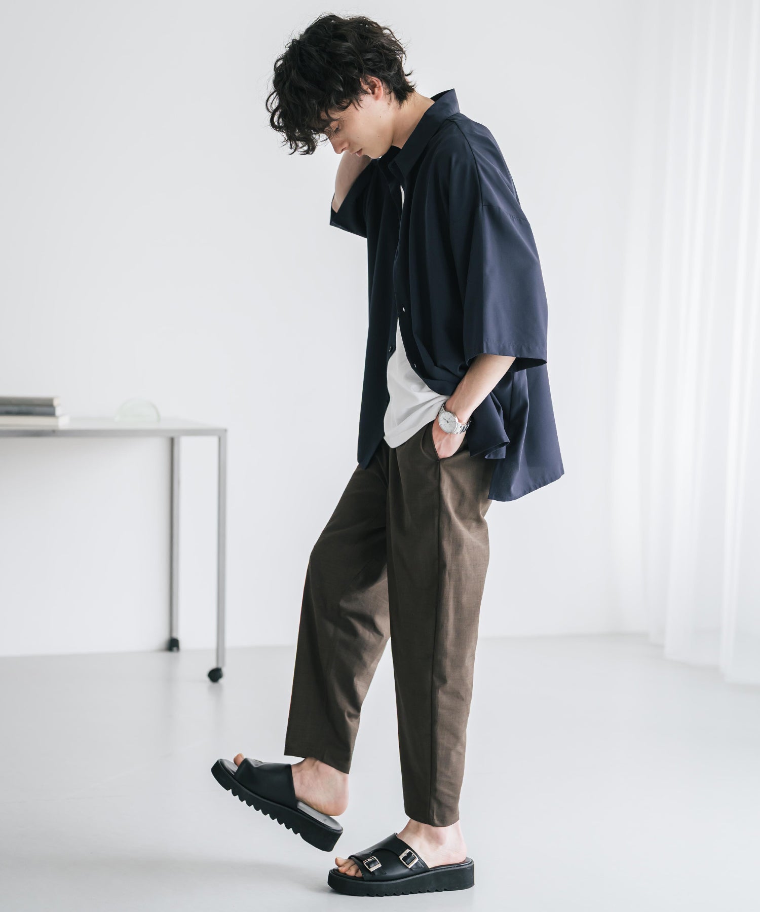 新色追加 接触冷感多機能素材リネンライク アンクルテーパードイージーパンツ 15482