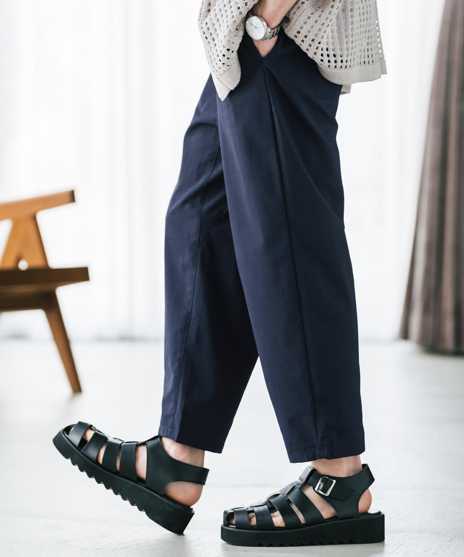 新色追加 接触冷感多機能素材リネンライク アンクルテーパードイージーパンツ 15482