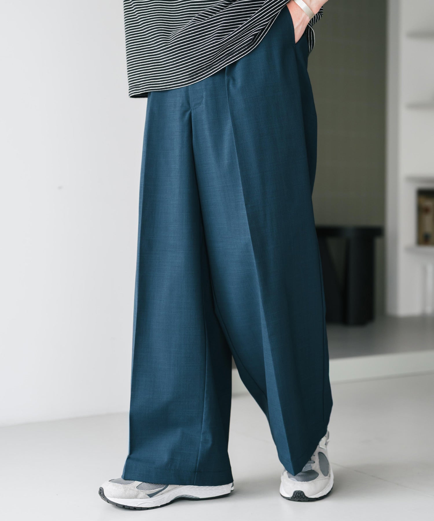 接触冷感 多機能素材リネンライク ワンタックセンタープレスワイドストレートイージーパンツ 15483